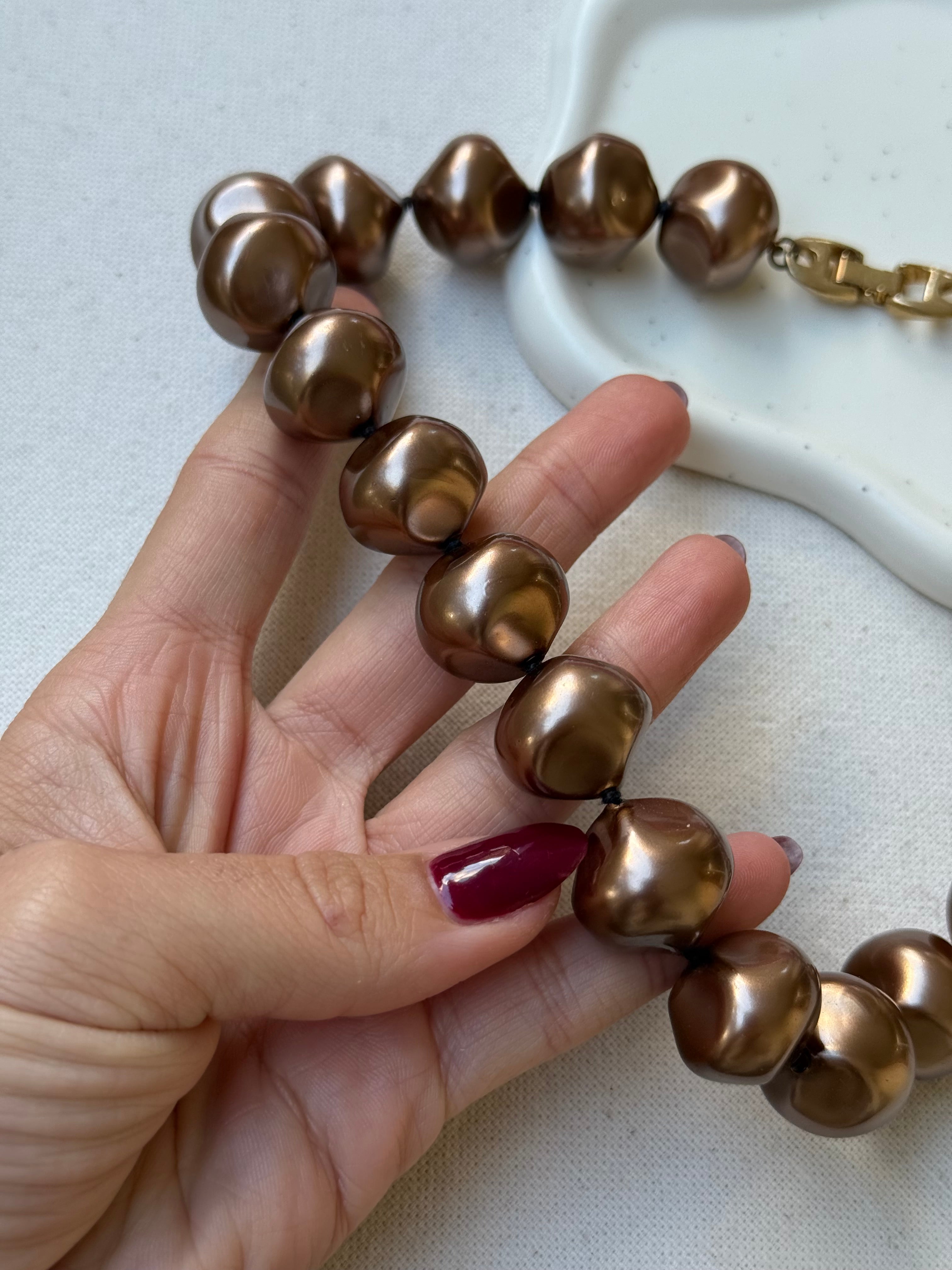 Collier vintage - Perles marron glacé