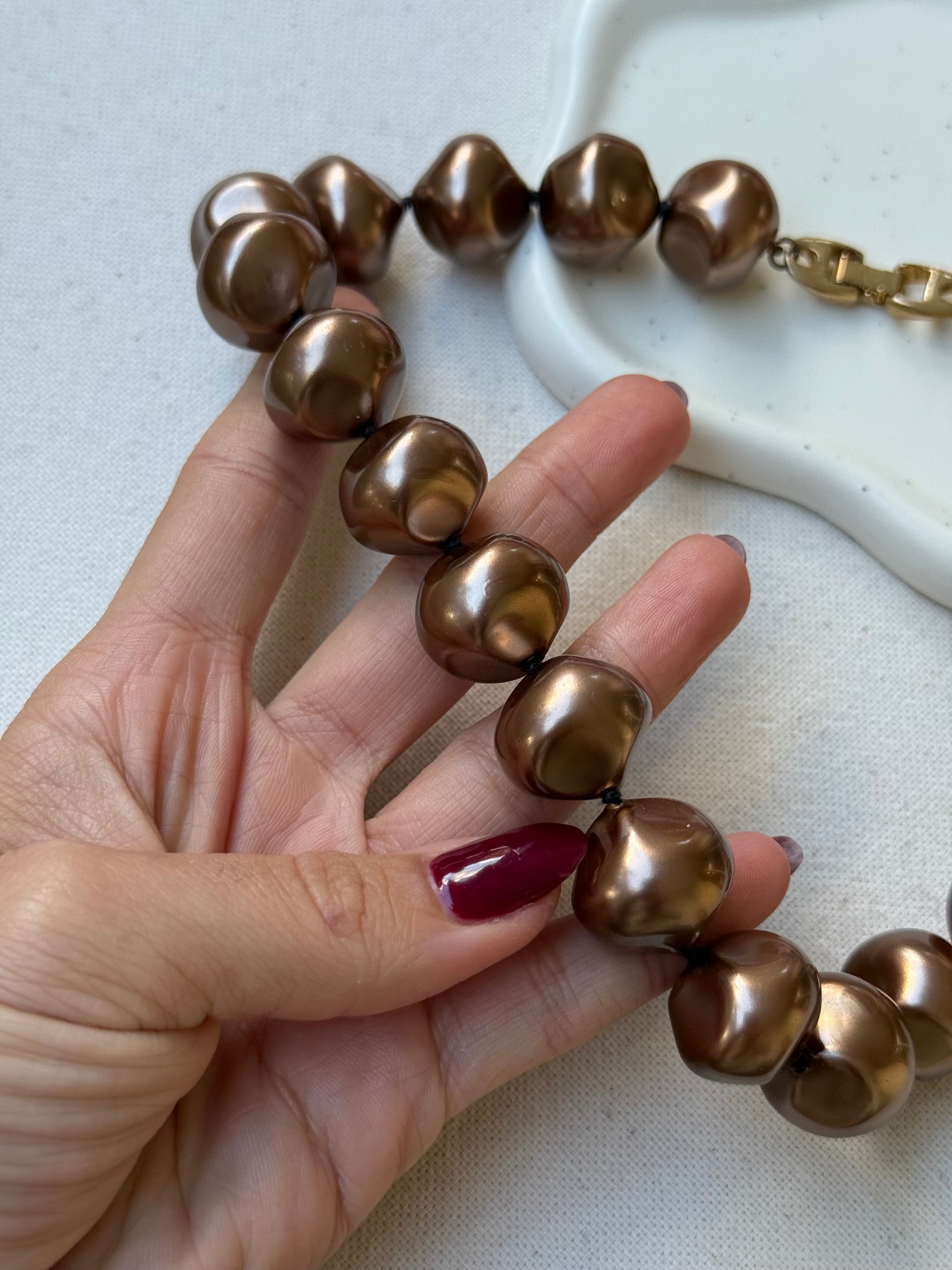 Collier vintage - Perles marron glacé