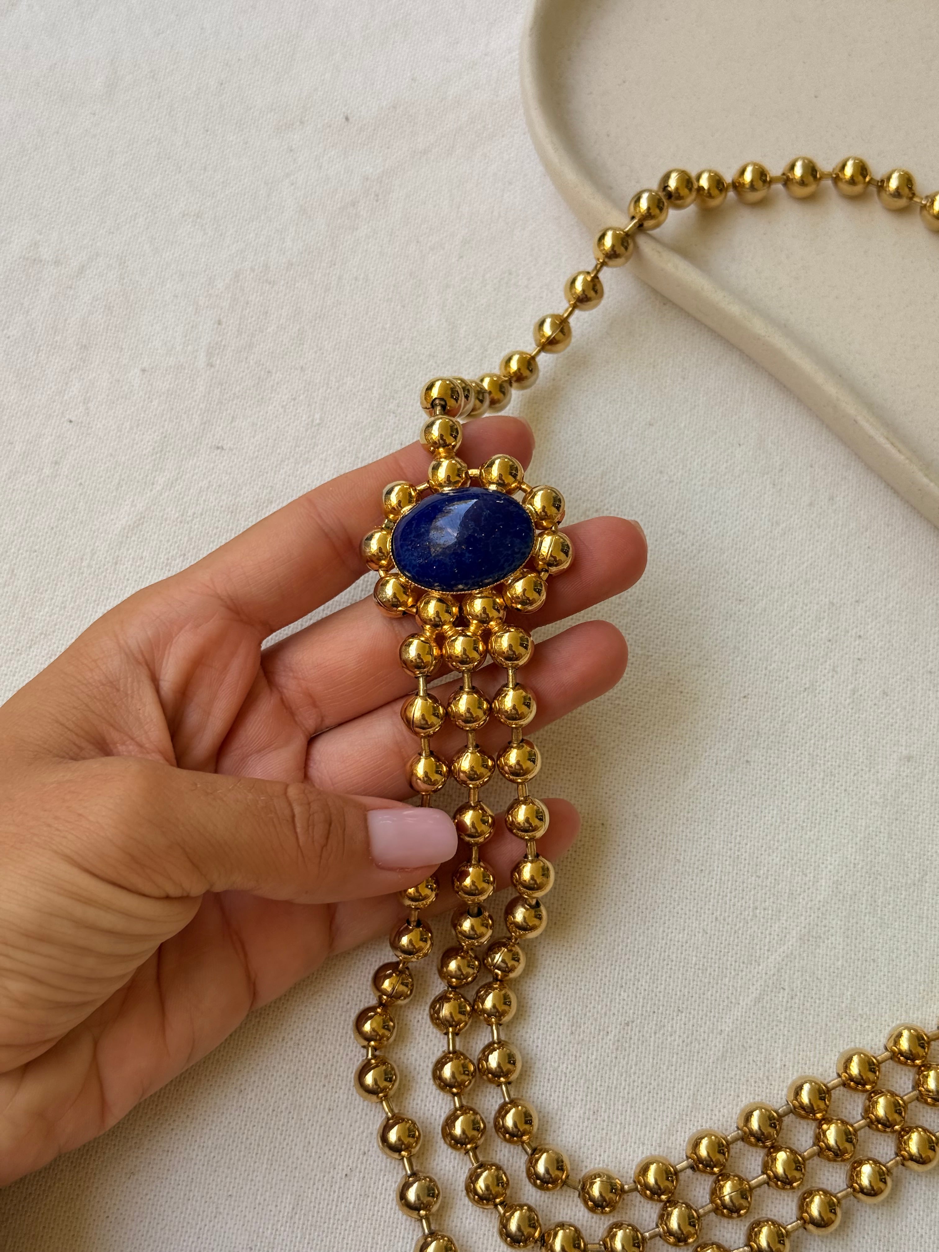 Collier Remydis vintage - Perles dorées et cabochons bleu profond