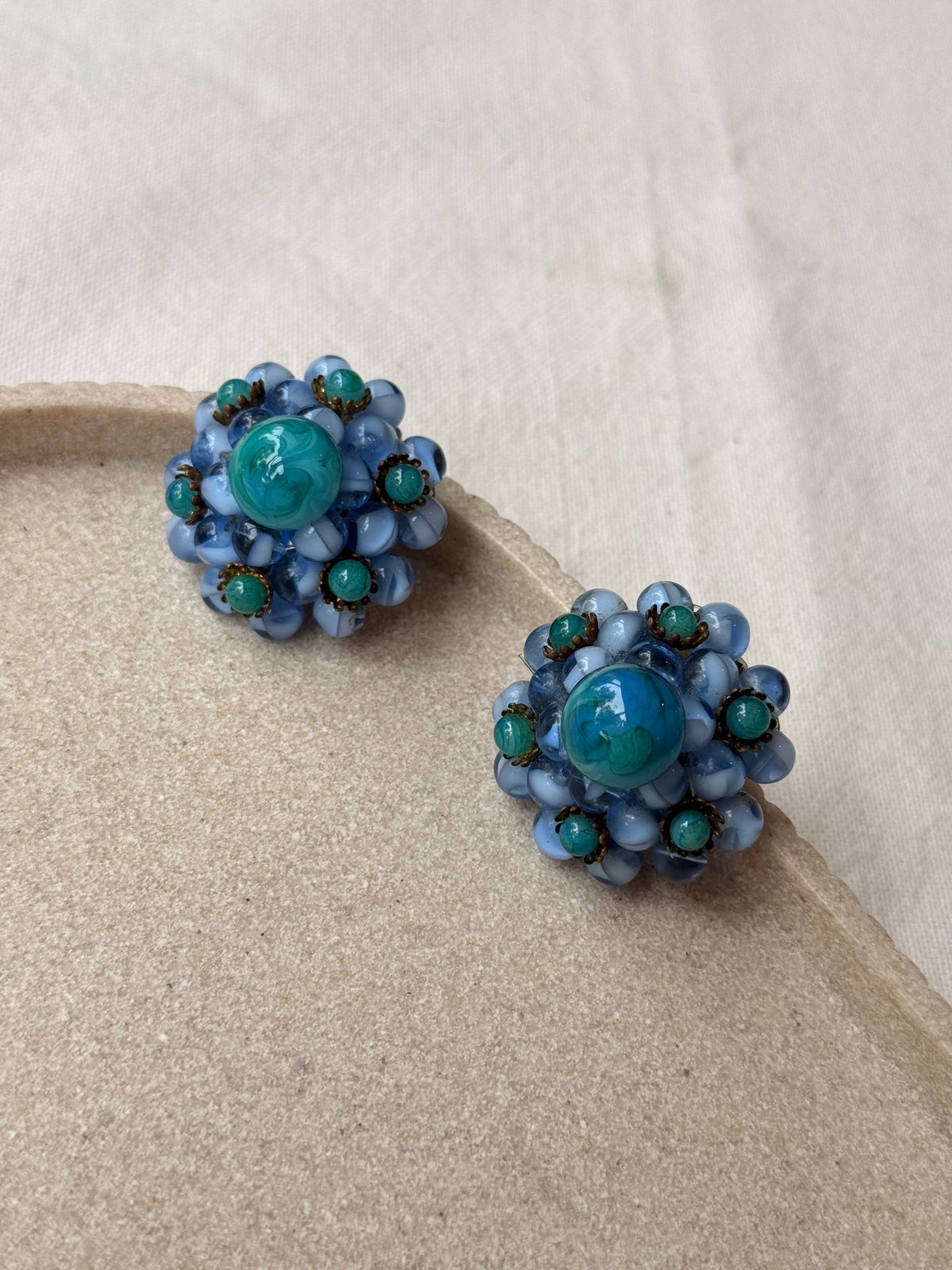 Boucles d’oreilles vintage - Pâte de verre bleue et turquoise