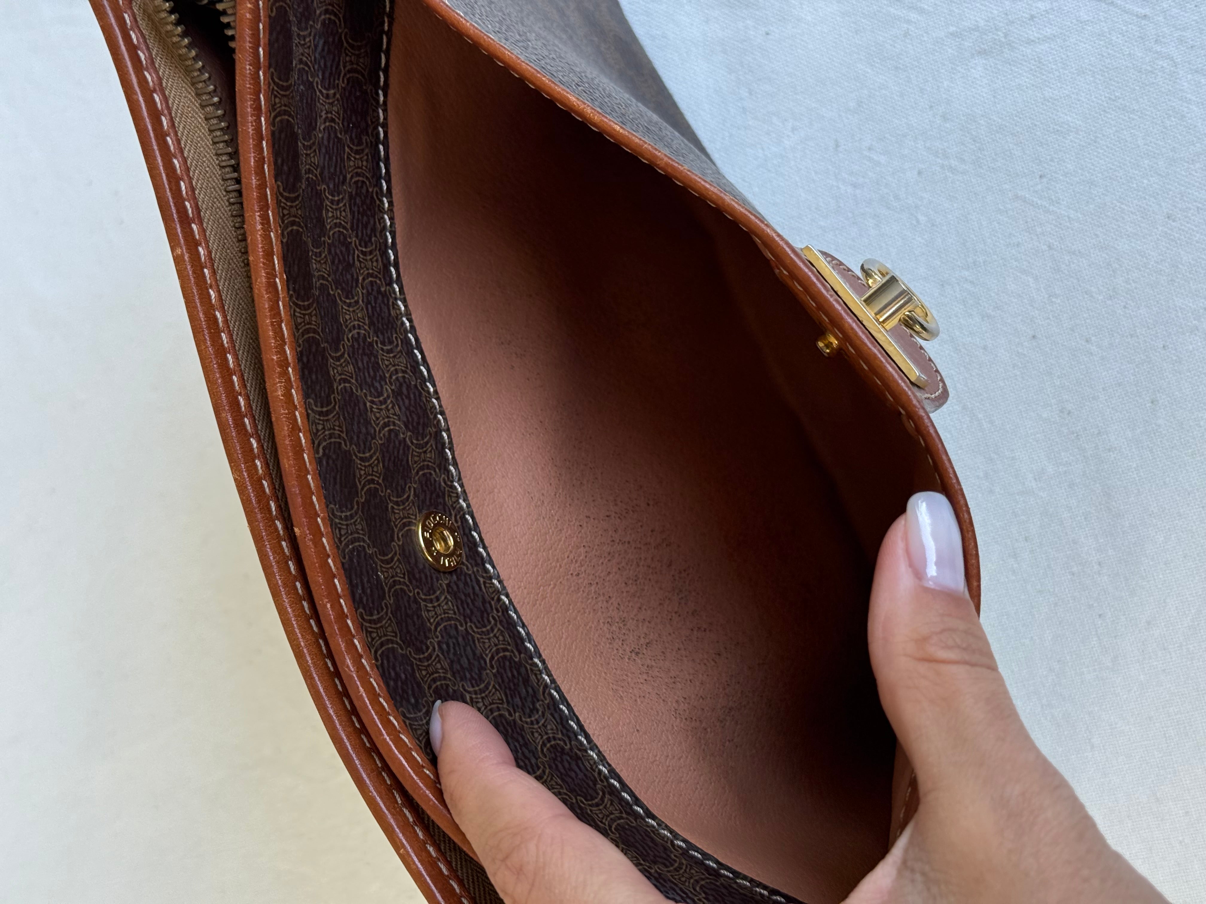 Pochette Céline vintage - Toile triomphe et cuir cognac