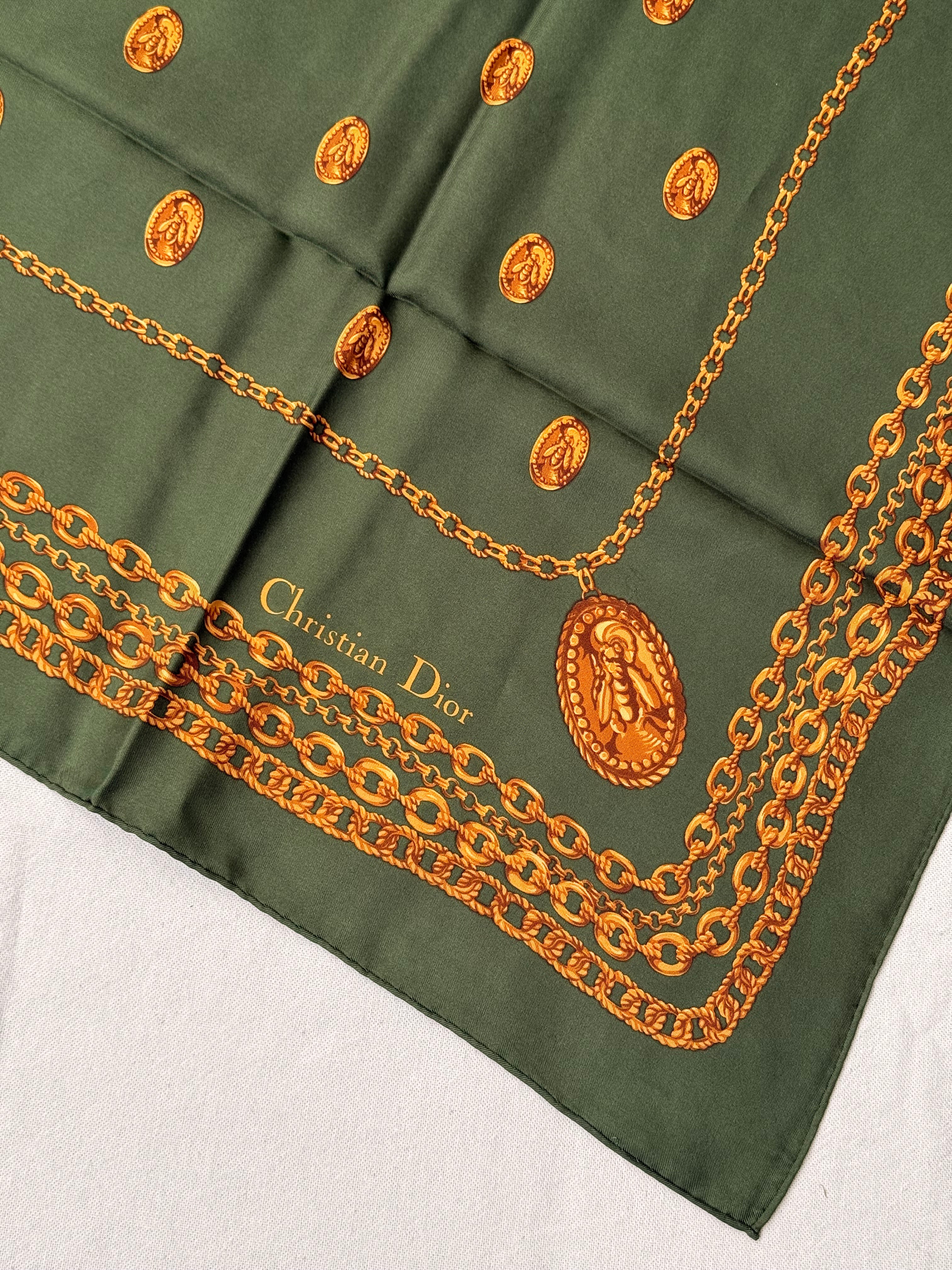Foulard Christian Dior – Kaki chaines et abeilles dorées
