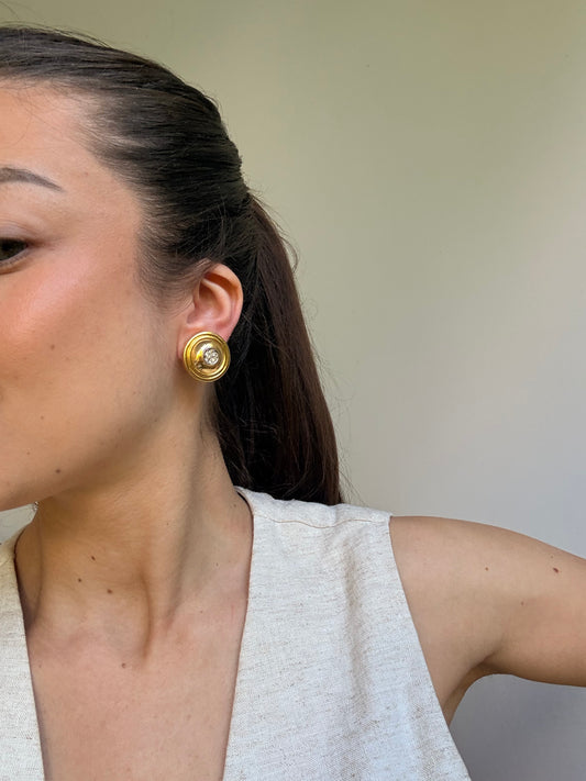 Boucles d’oreilles David Grau vintage - Rondes dorées et strass