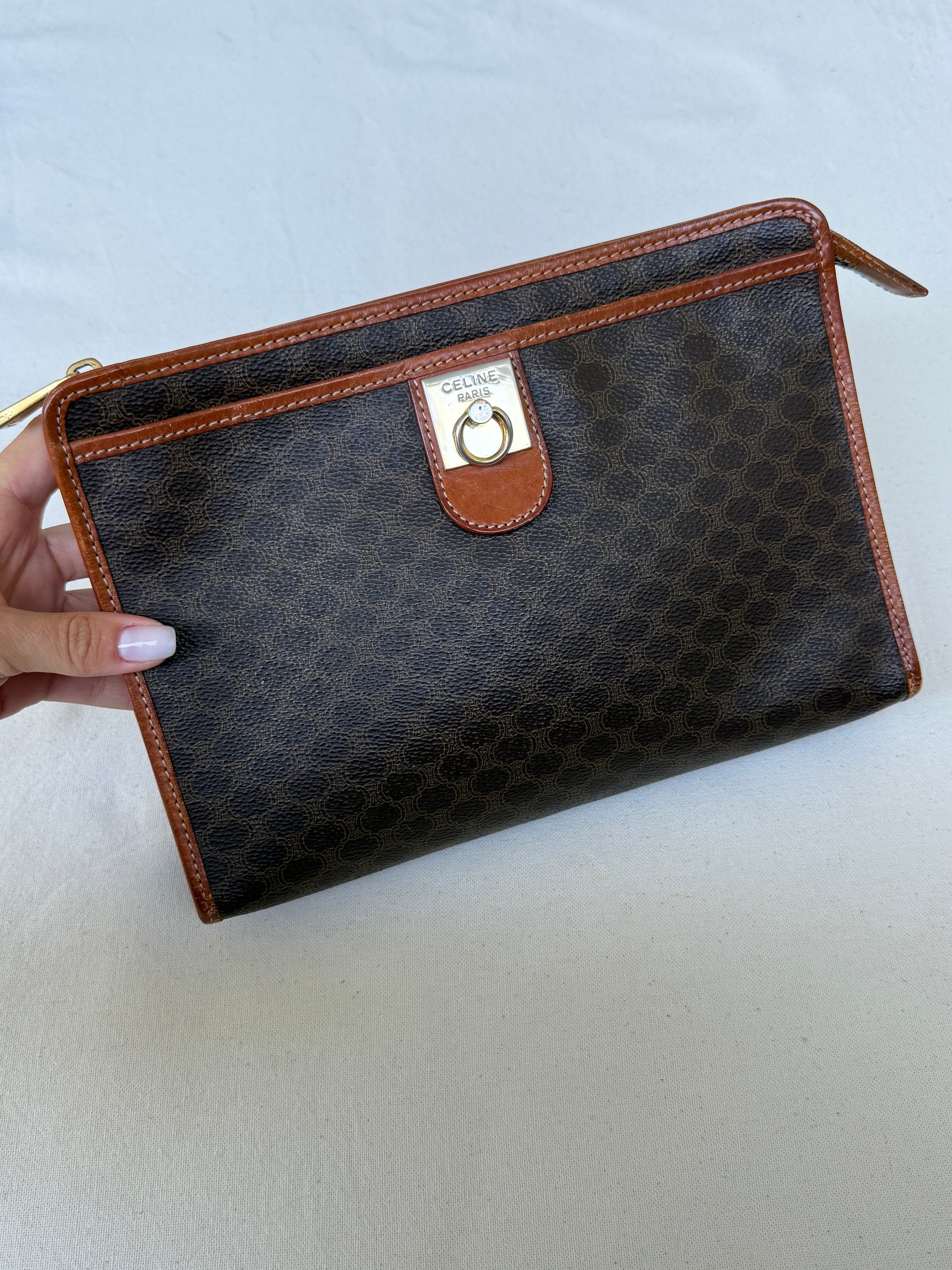 Pochette Céline vintage - Toile triomphe et cuir cognac