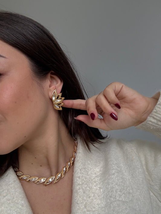 Vintage Monet Earrings - Gold-Plated Leaves and Crystal Rhinestones