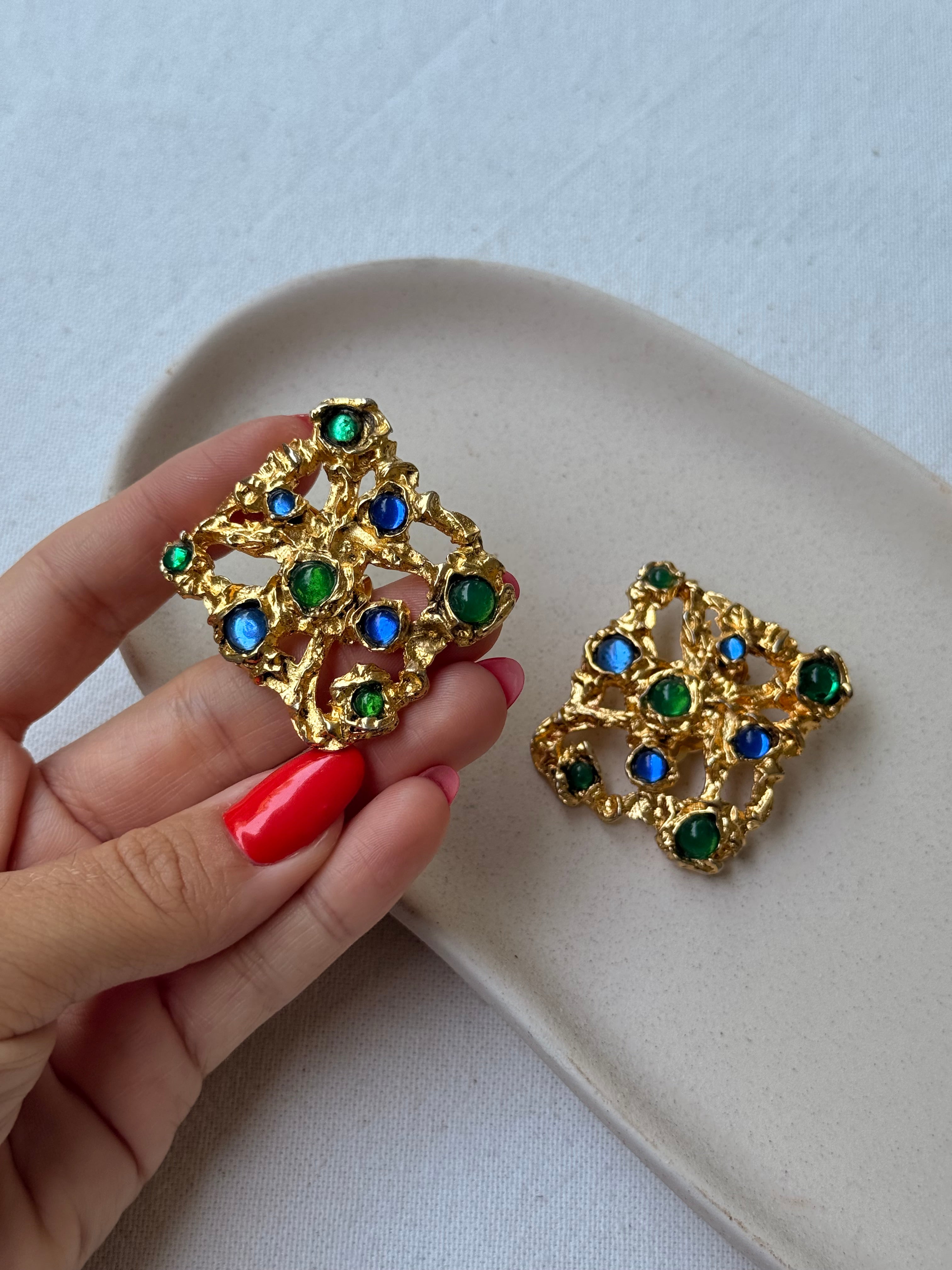 Boucles d’oreilles Abbey Road vintage - Cabochons bleu et vert