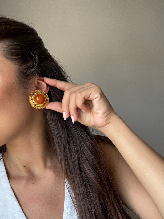 Boucles d’oreilles vintage - Rondes dorées et cabochons orangés