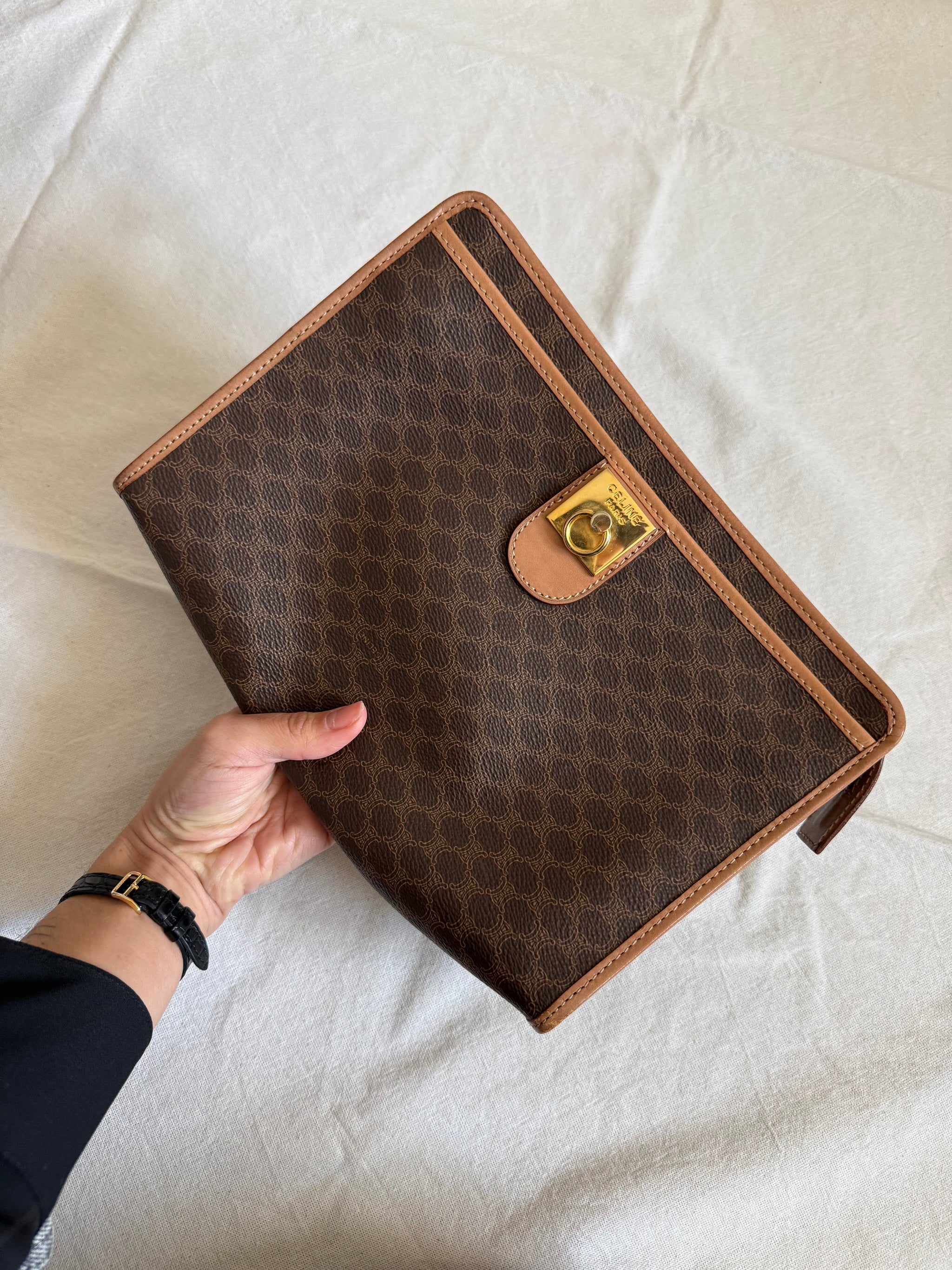 Pochette Céline vintage - Toile triomphe et cuir naturel