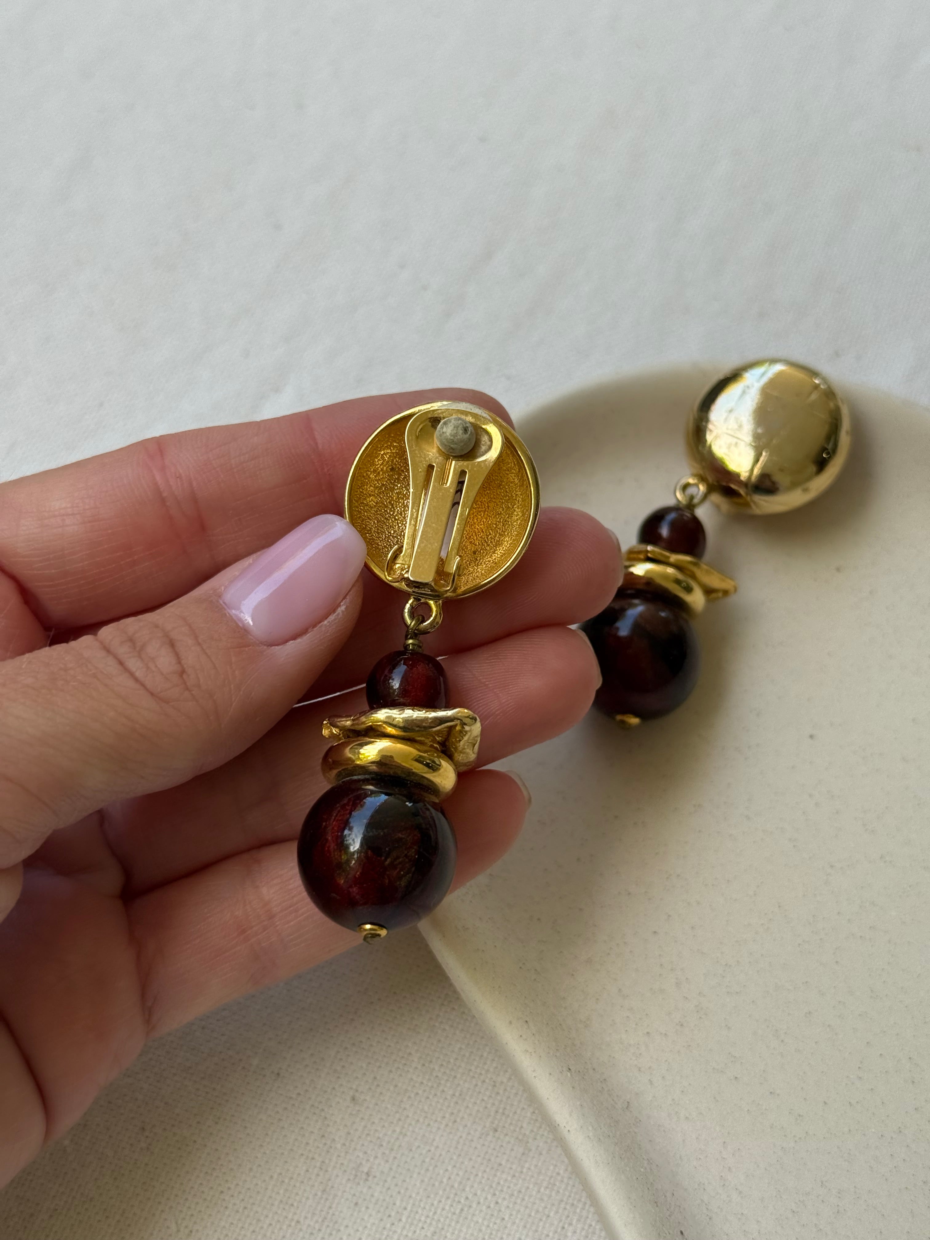 Boucles d’oreilles vintage - Perles bois pendantes