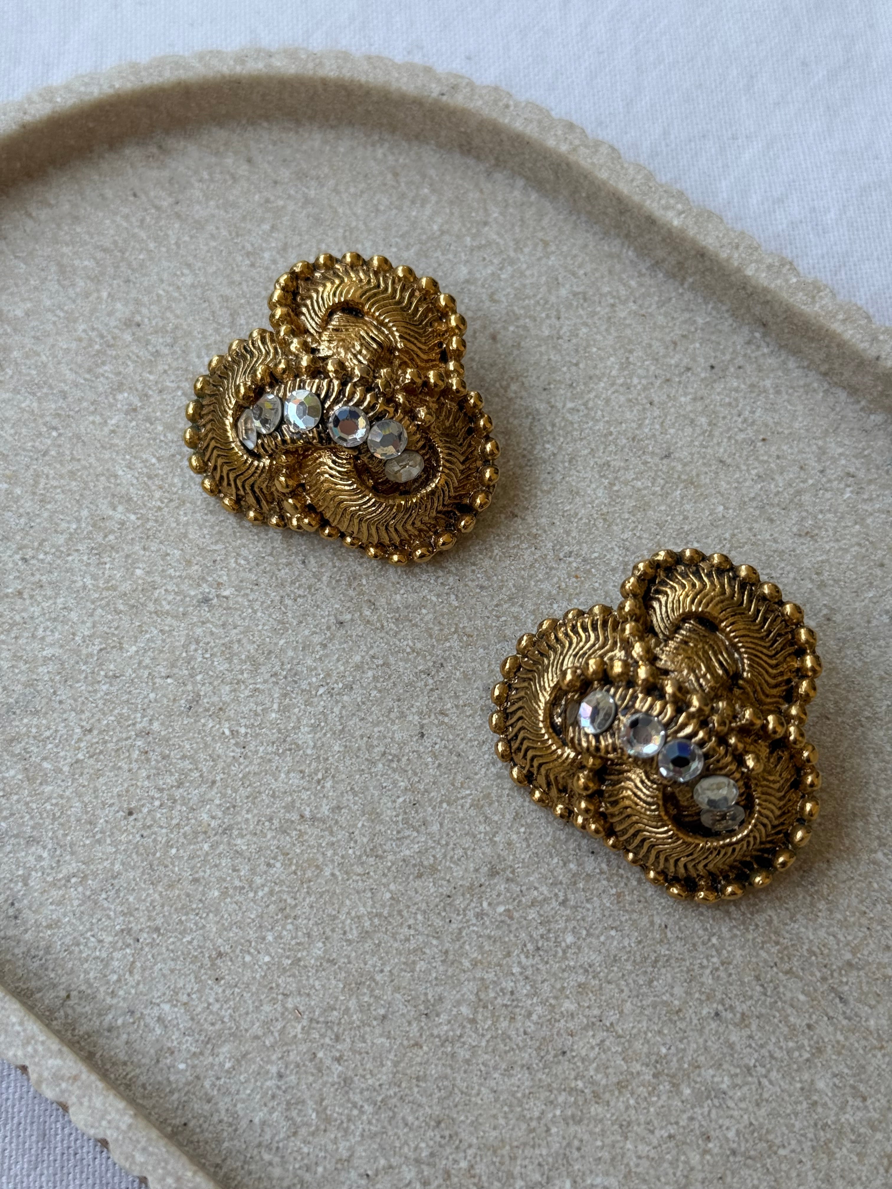 Boucles d’oreilles vintage - Motif entrelacé doré et strass