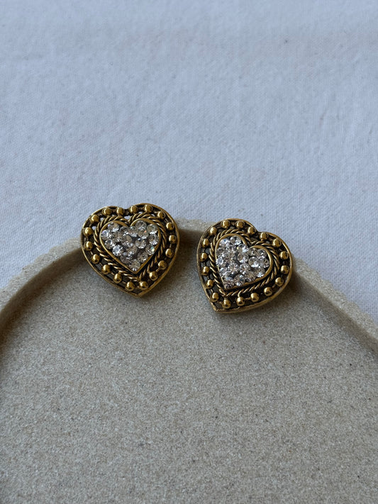 Boucles d’oreilles vintage - Cœurs dorés ornés de strass