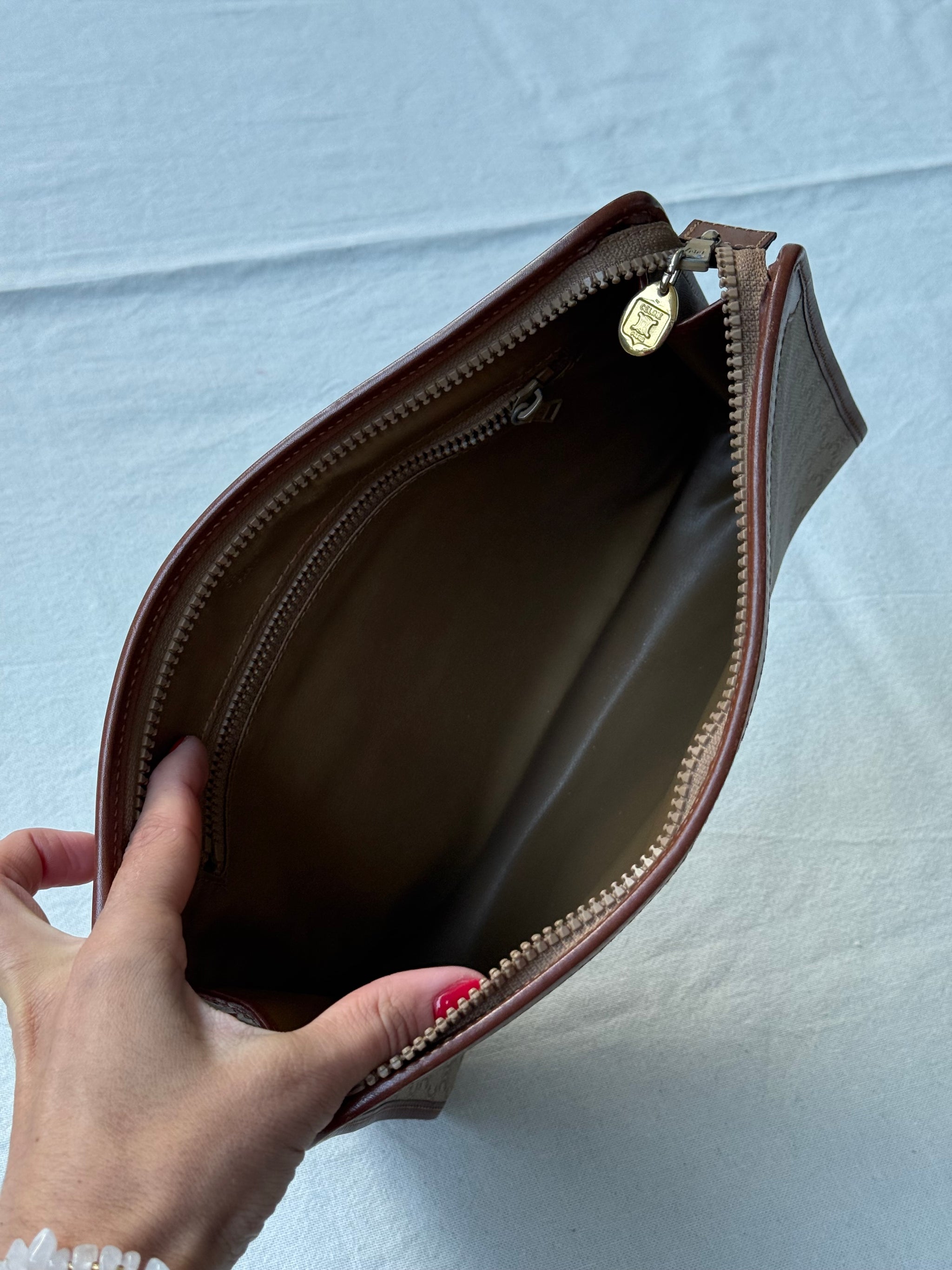 Pochette Céline vintage - Toile macadam et cuir naturel