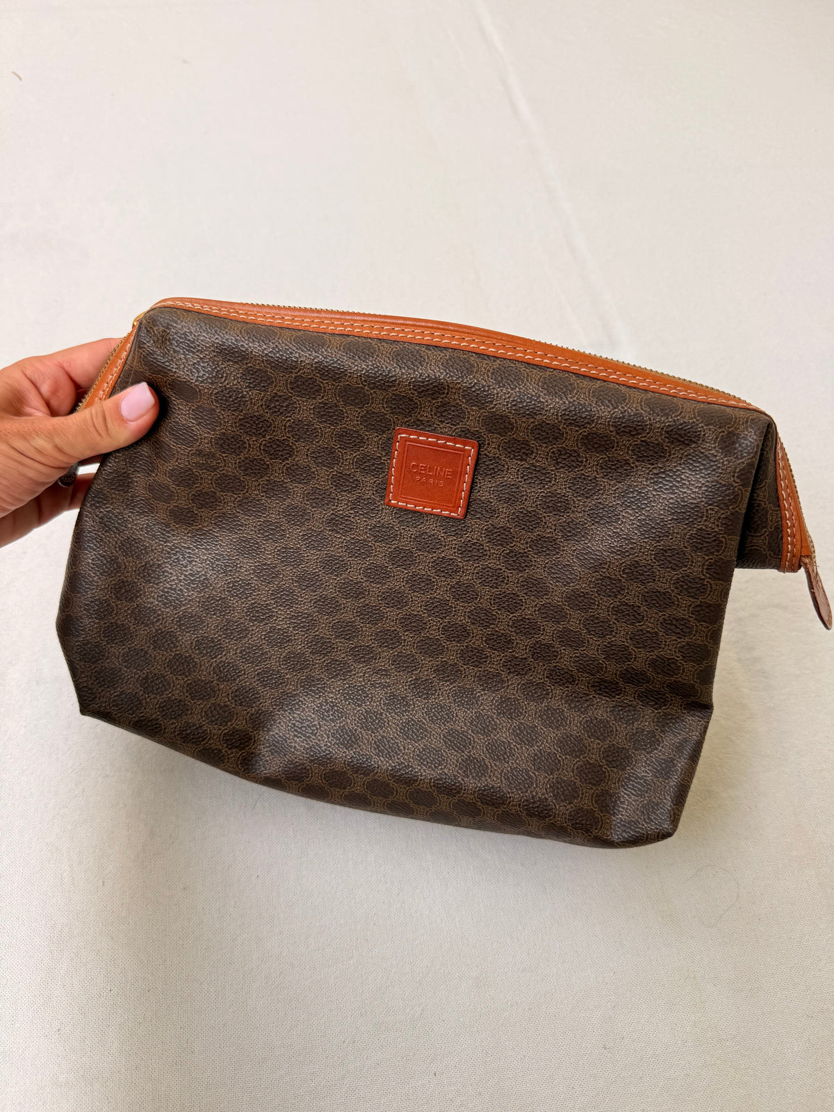 Trousse Céline vintage - Toile triomphe et cuir cognac