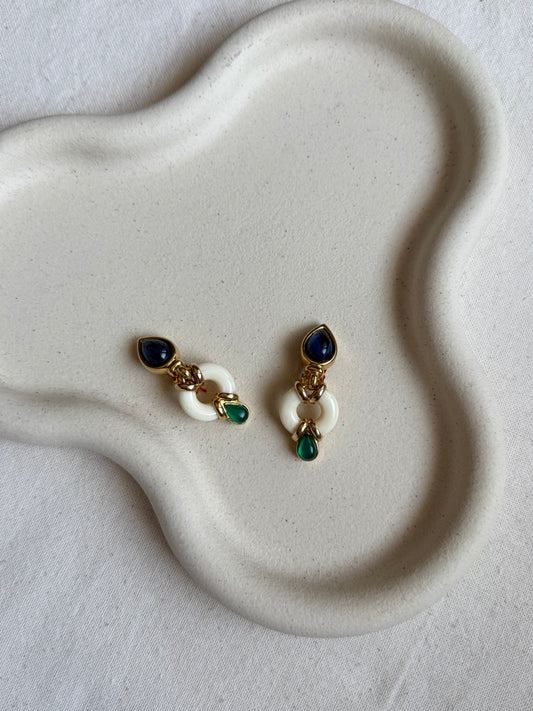 Boucles d’oreilles David Grau vintage - Pendantes résine et cabochons colorés