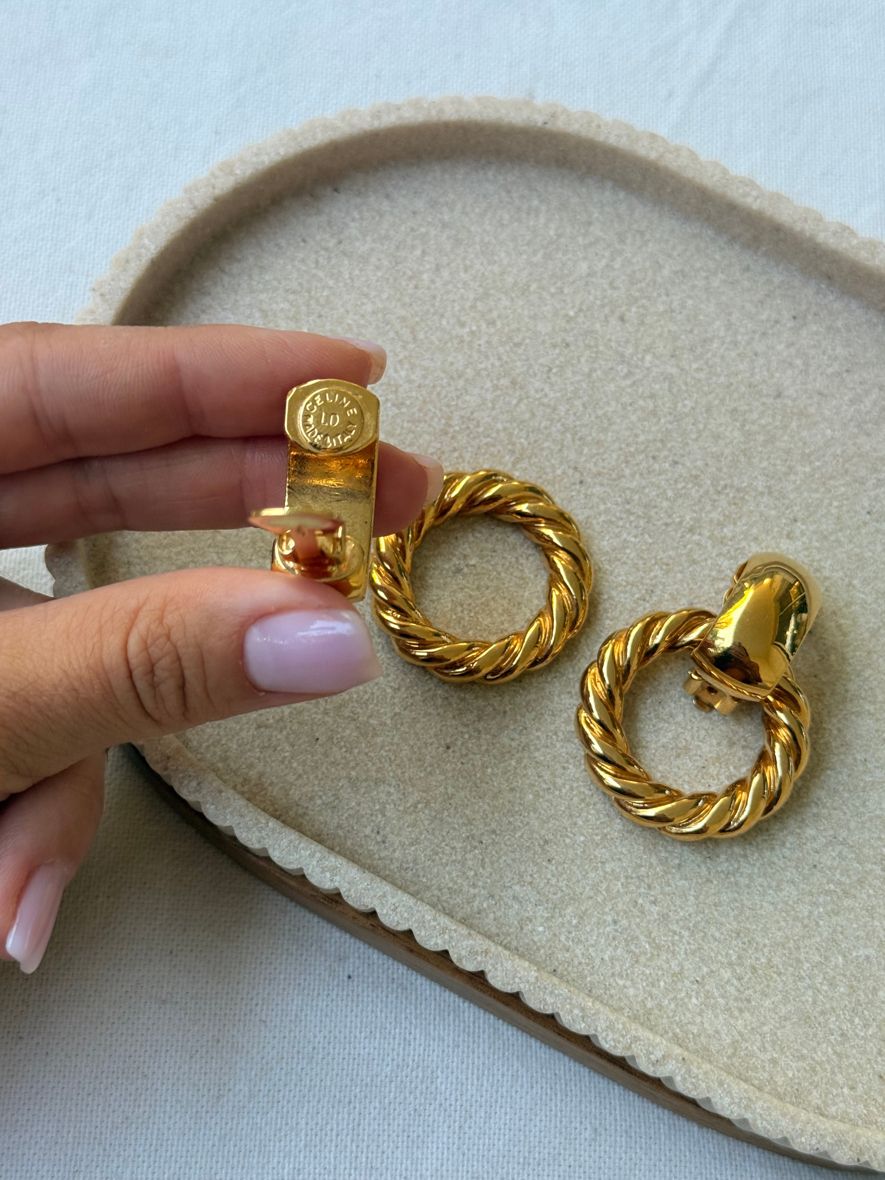 Boucles d’oreilles Céline vintage - Anneaux torsadés dorés amovibles