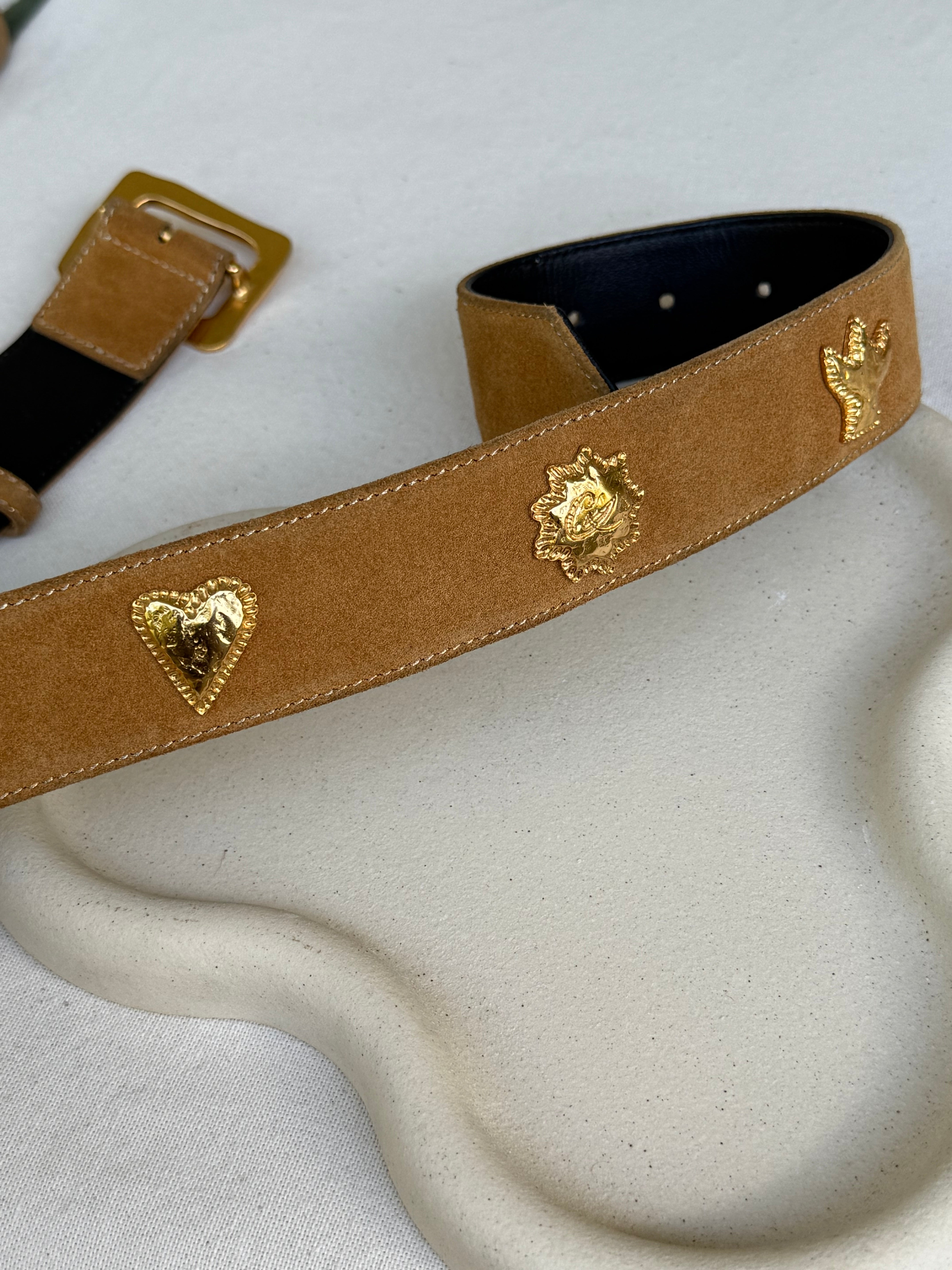 Ceinture Christian Lacroix vintage - Daim camel et empiècements dorés