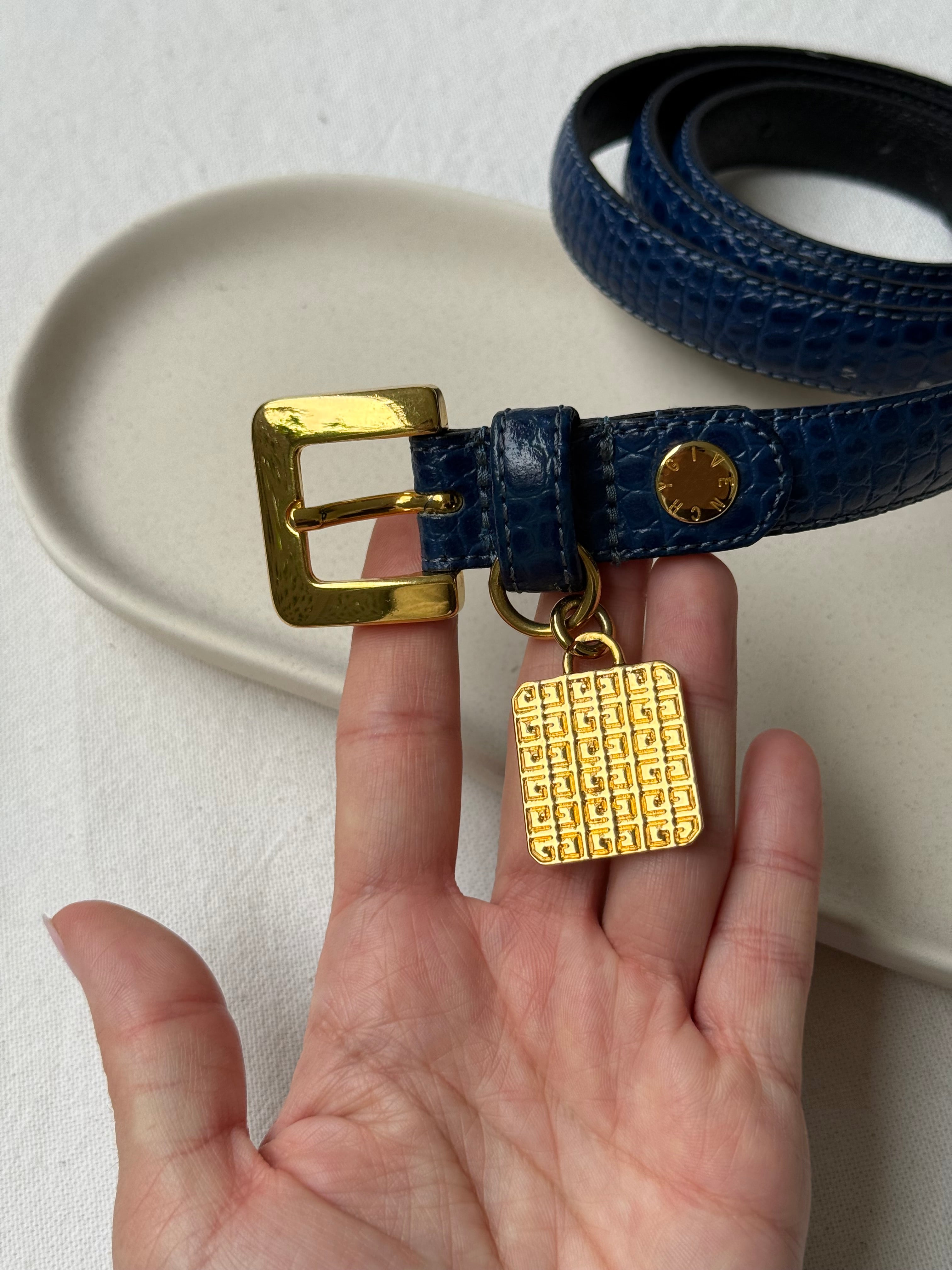 Ceinture Givenchy vintage - Cuir bleu imitation croco