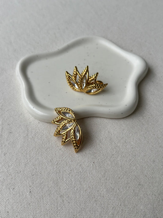 Vintage Monet Earrings - Gold-Plated Leaves and Crystal Rhinestones