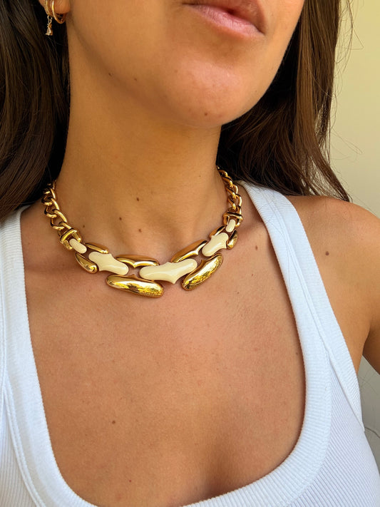 Collier Helena Rubinstein vintage - Maille dorée et émail ivoire