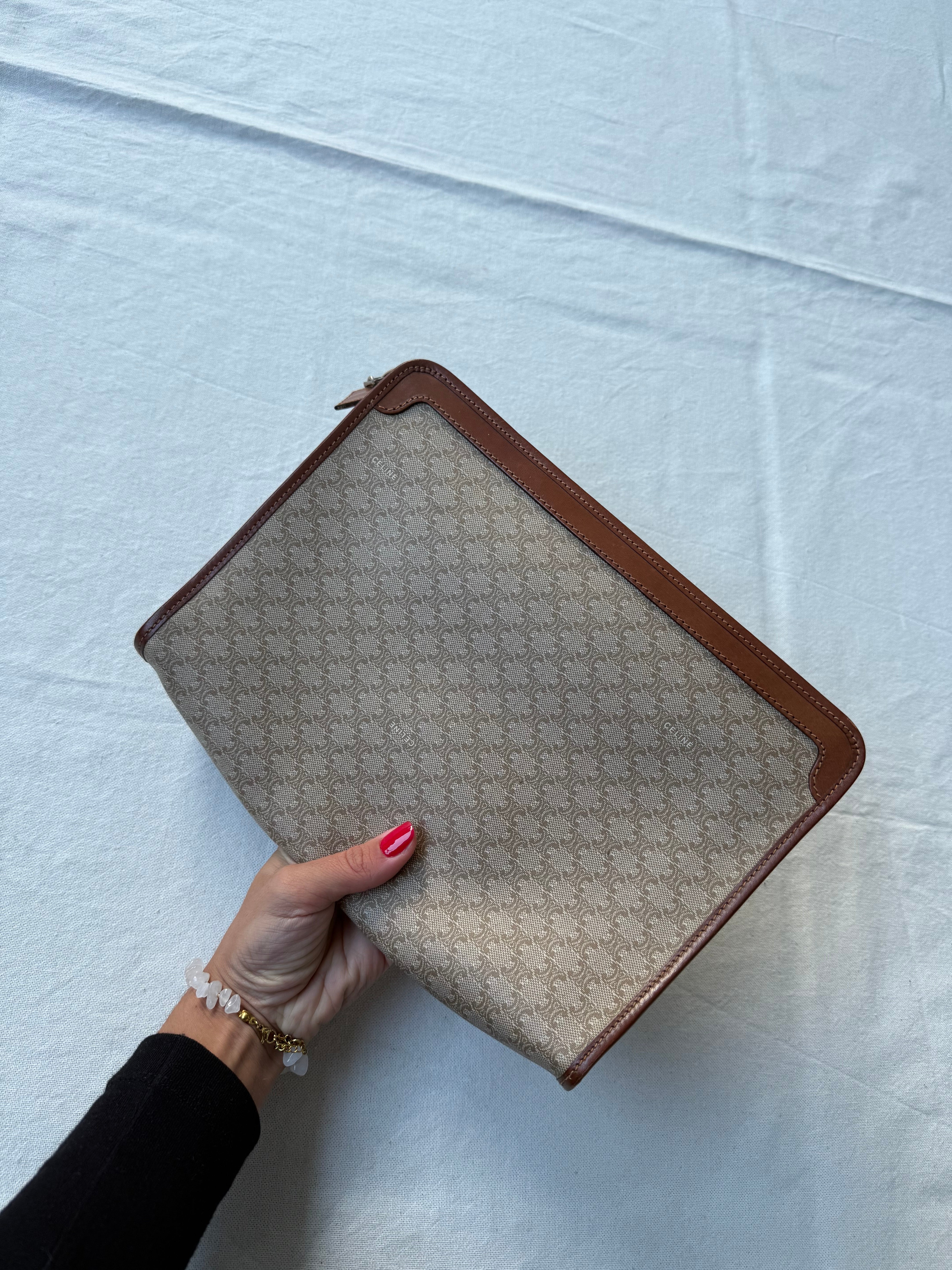 Pochette Céline vintage - Toile macadam et cuir naturel