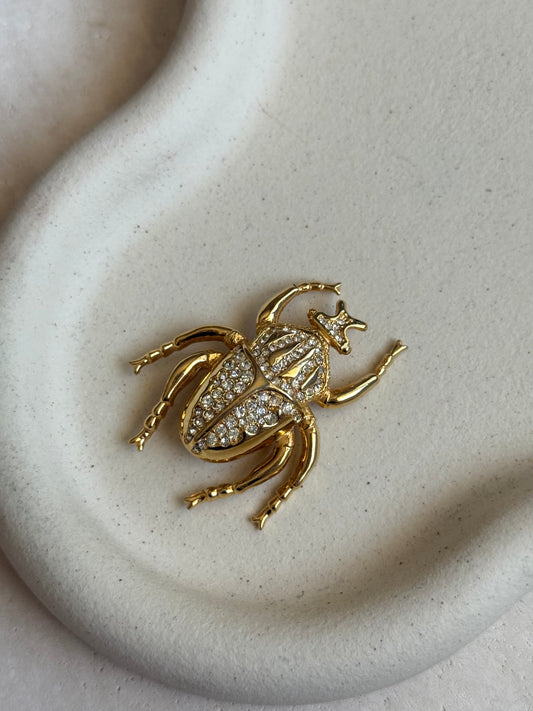 Broche scarabée vintage - Dorée pavée de strass