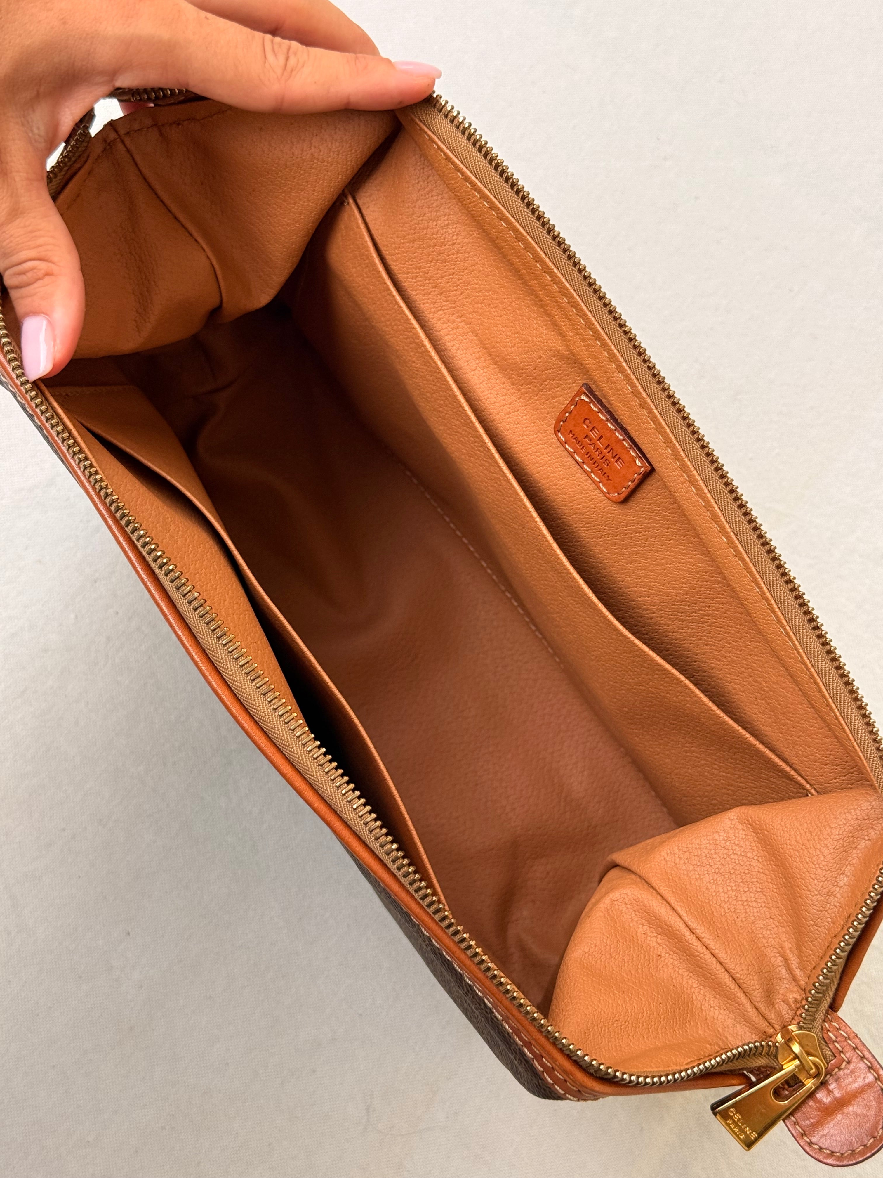 Trousse Céline vintage - Toile triomphe et cuir cognac