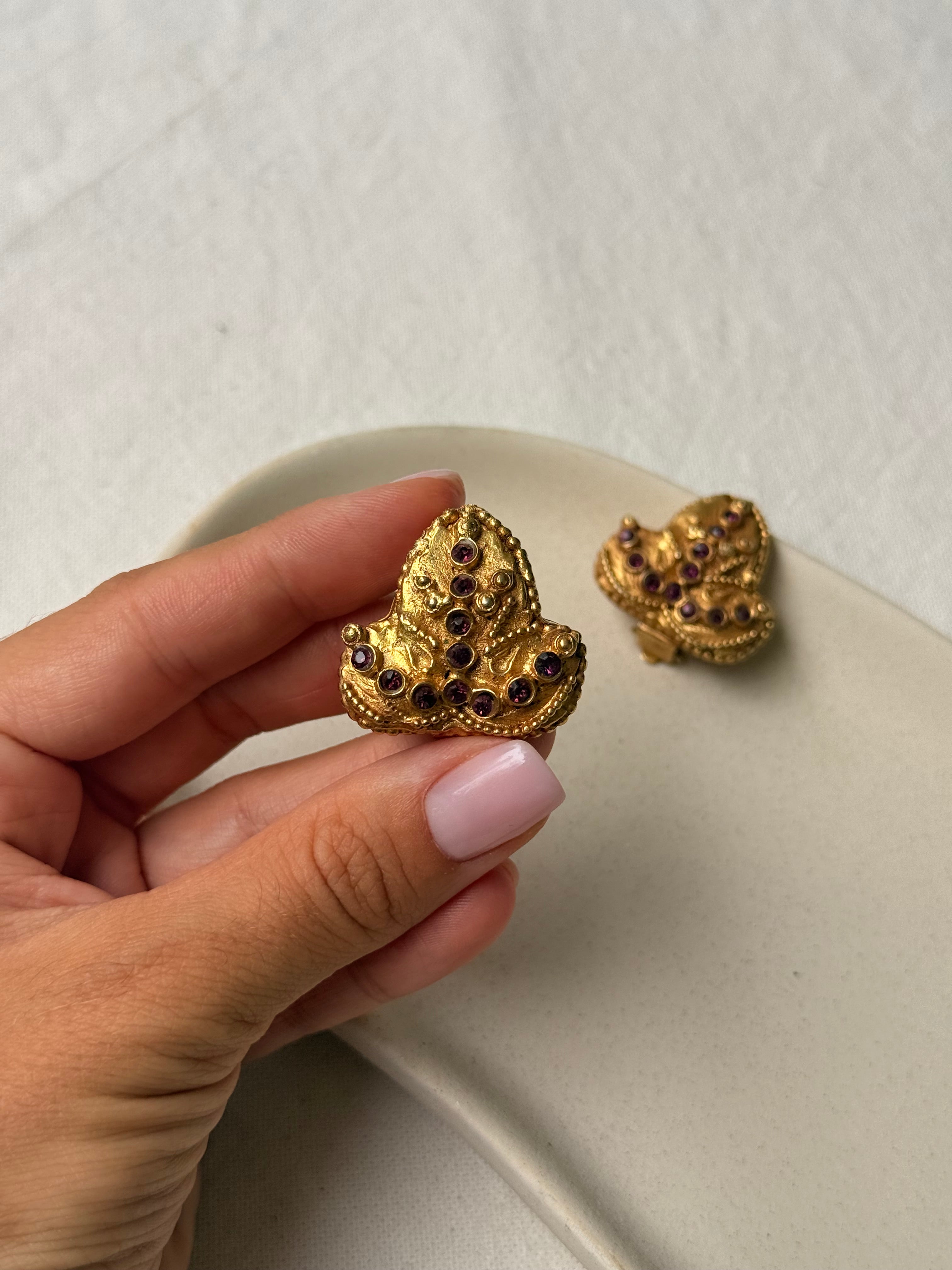 Boucles d’oreilles Kalinger vintage - Feuille dorée et strass violets