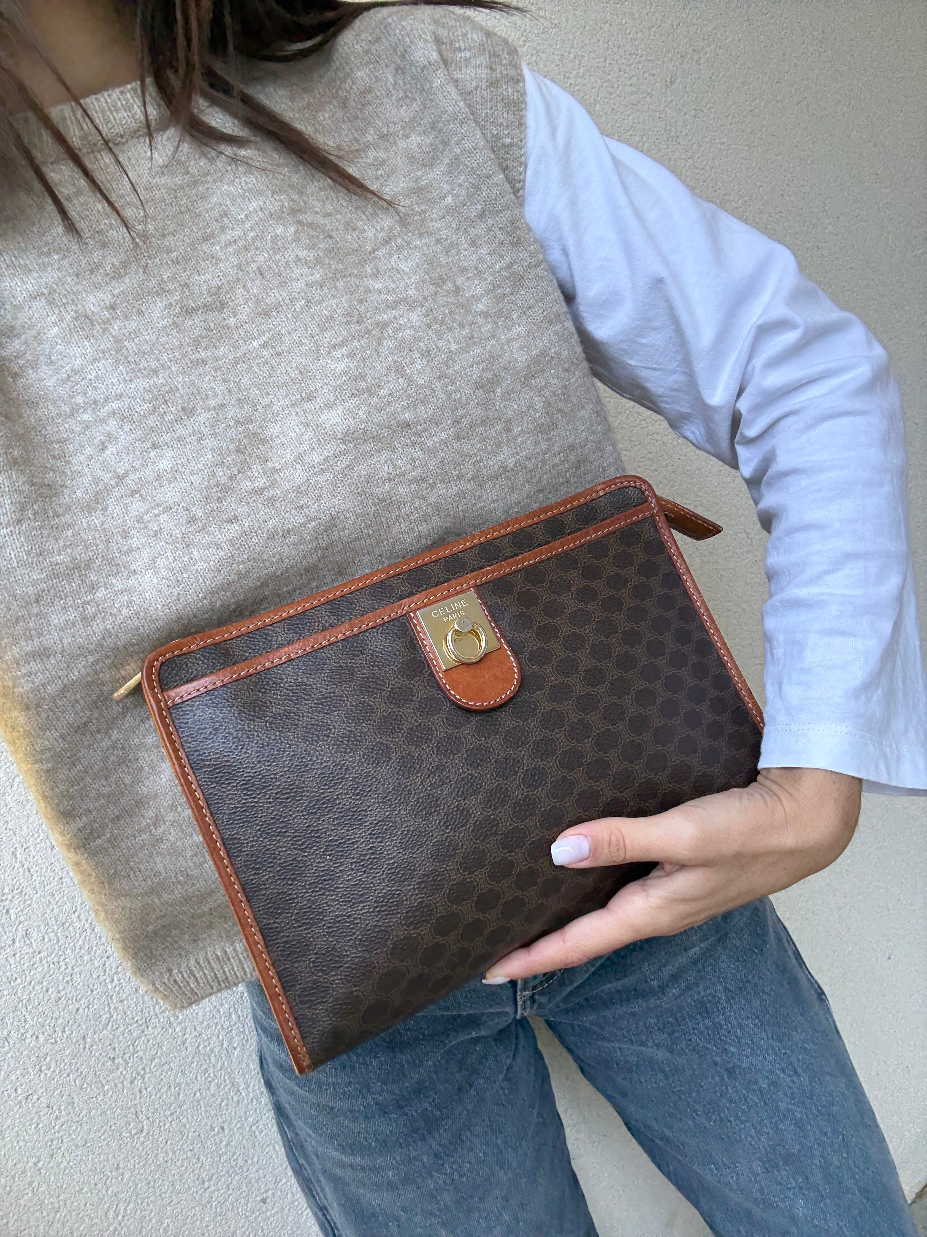 Pochette Céline vintage - Toile triomphe et cuir cognac
