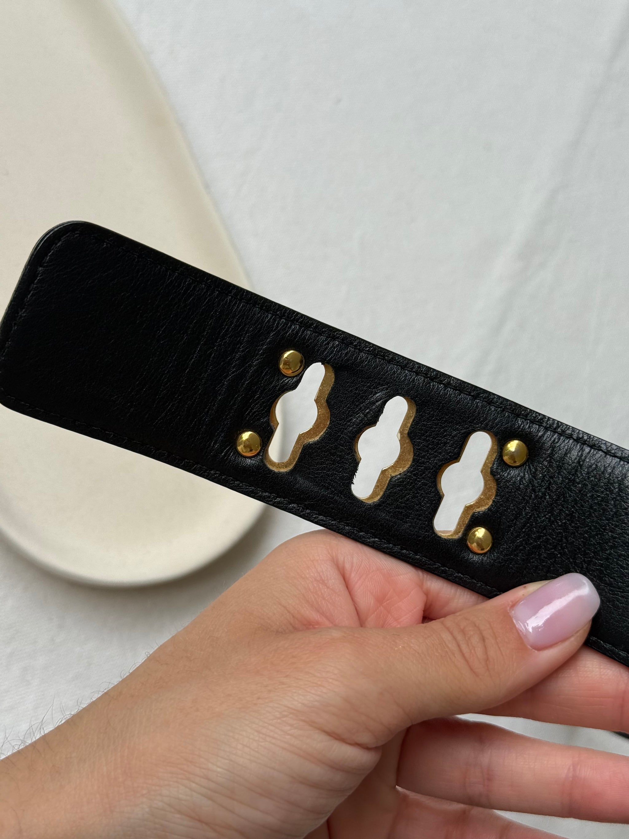 Ceinture Céline vintage - Cuir noir et chaîne dorée