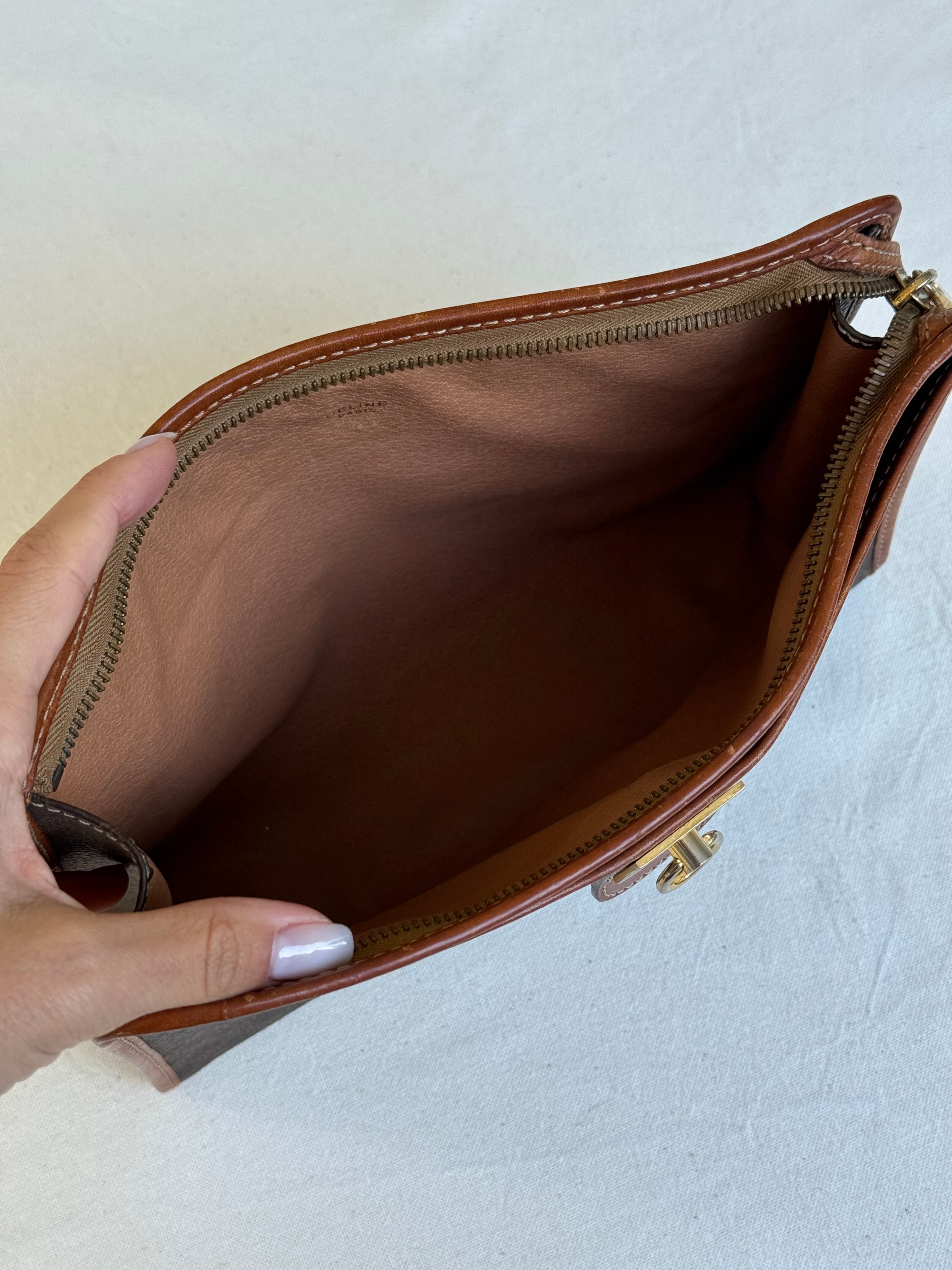 Pochette Céline vintage - Toile triomphe et cuir cognac