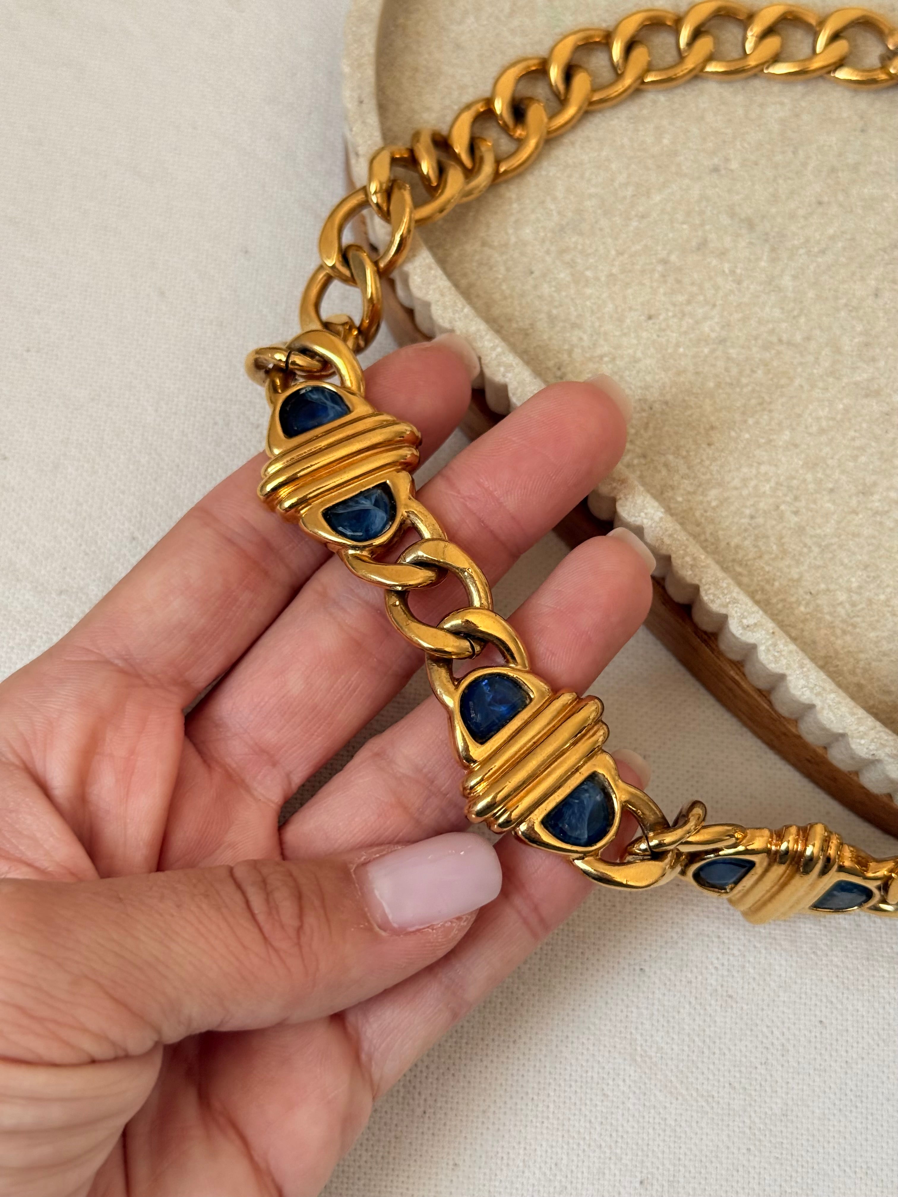 Collier Guy Laroche vintage - Maillons dorés et cabochons bleus