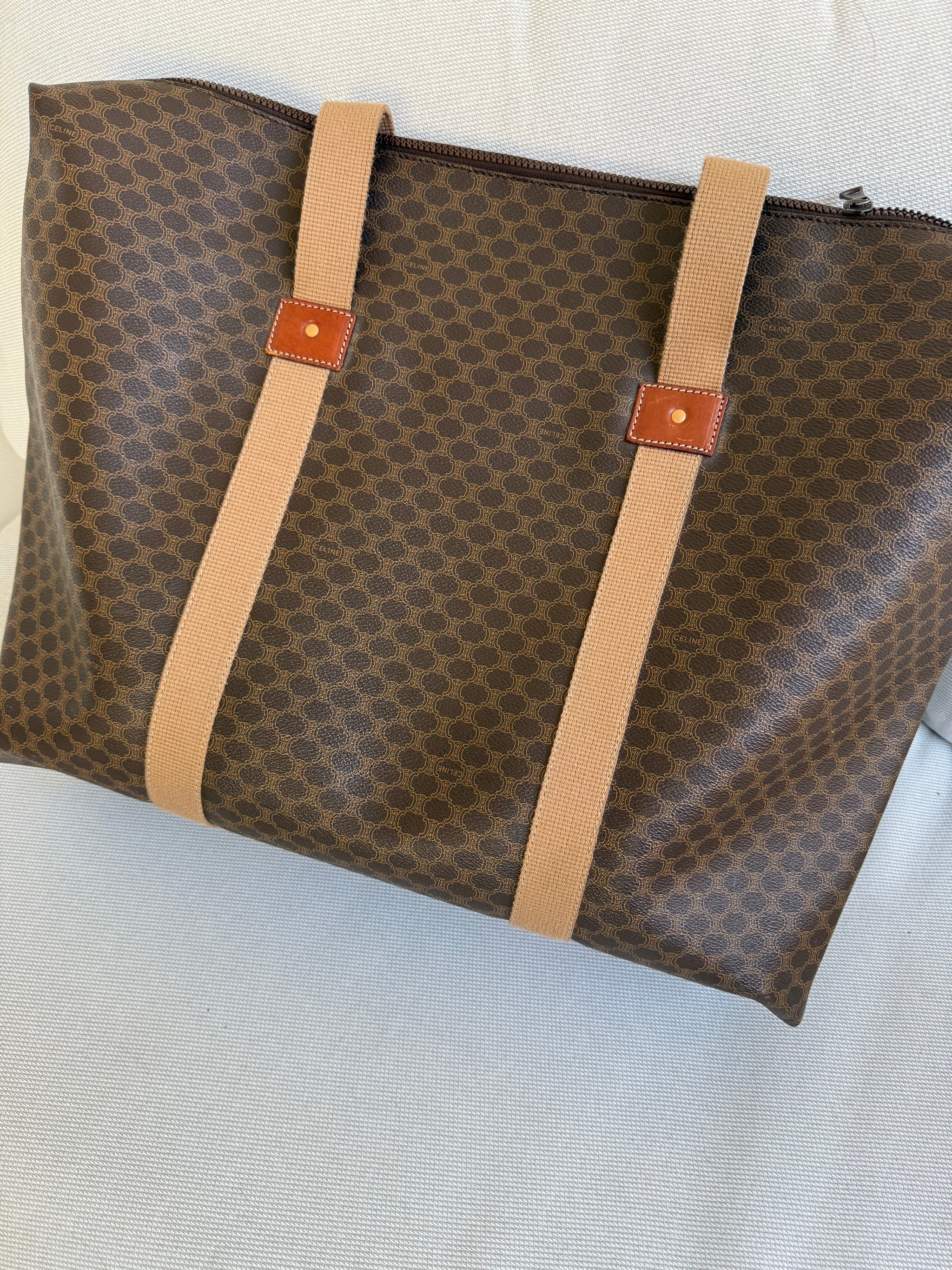 Sac de voyage Céline vintage - Toile triomphe et cuir naturel