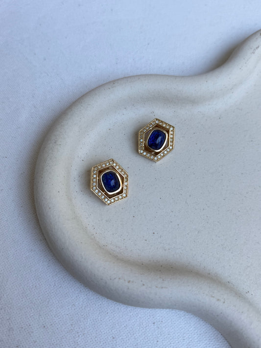 Boucles d’oreilles Grossé vintage - Cabochons bleus et contour pavé de strass