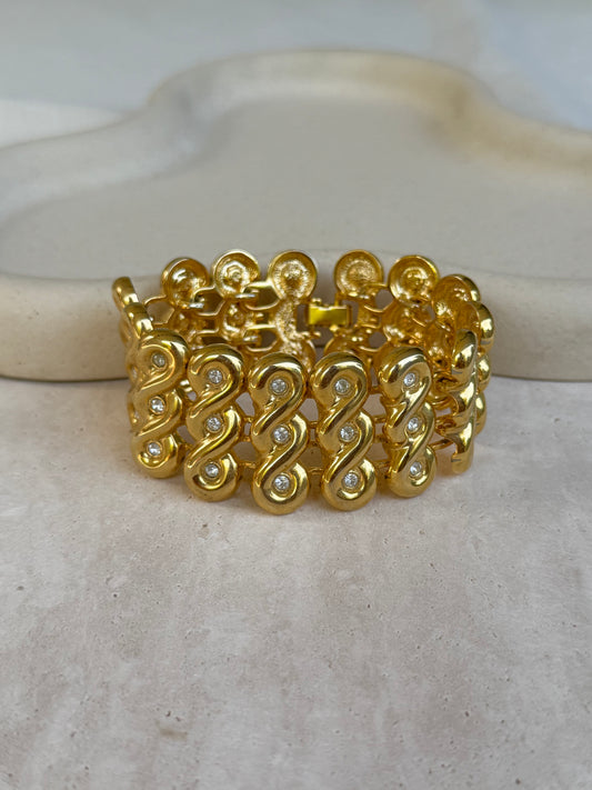 Bracelet vintage - Maille large dorée et strass