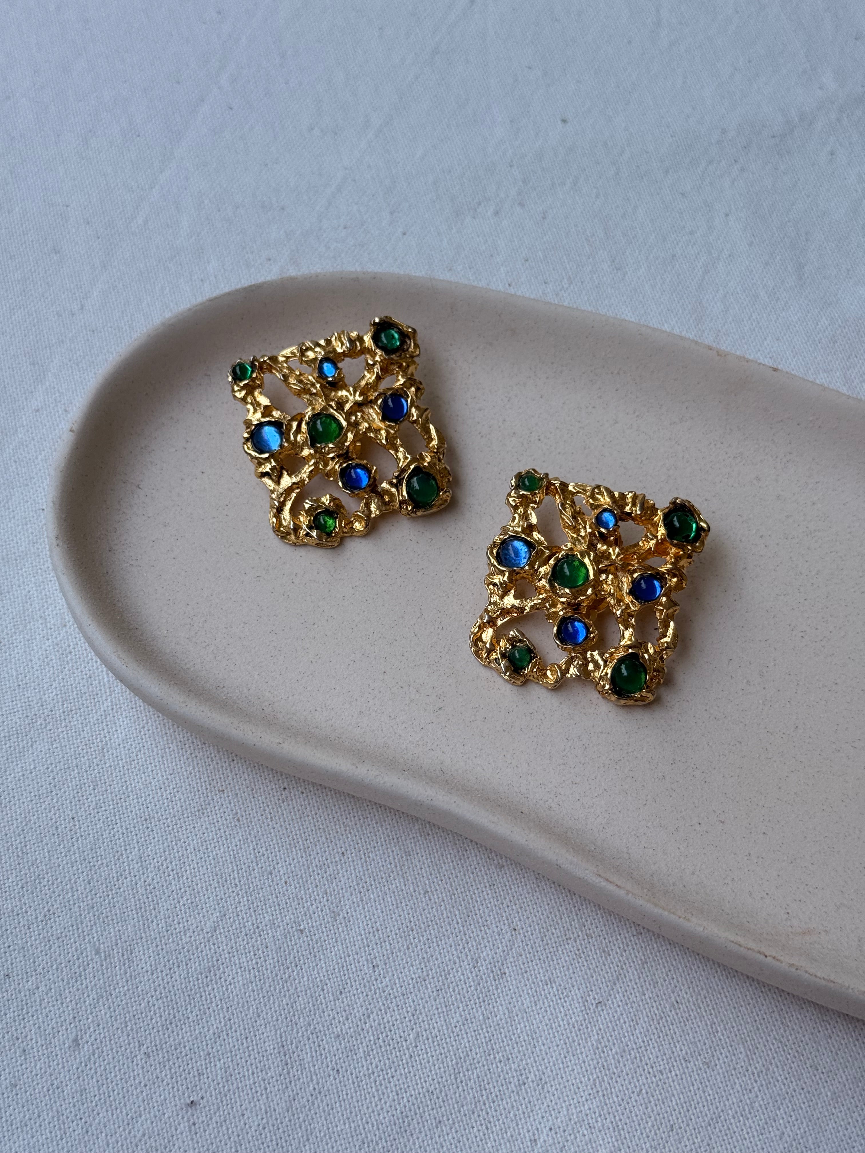 Boucles d’oreilles Abbey Road vintage - Cabochons bleu et vert