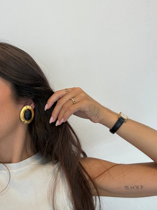 Boucles d’oreilles Édouard Rambaud vintage - Ovales dorées et cabochon bois noir