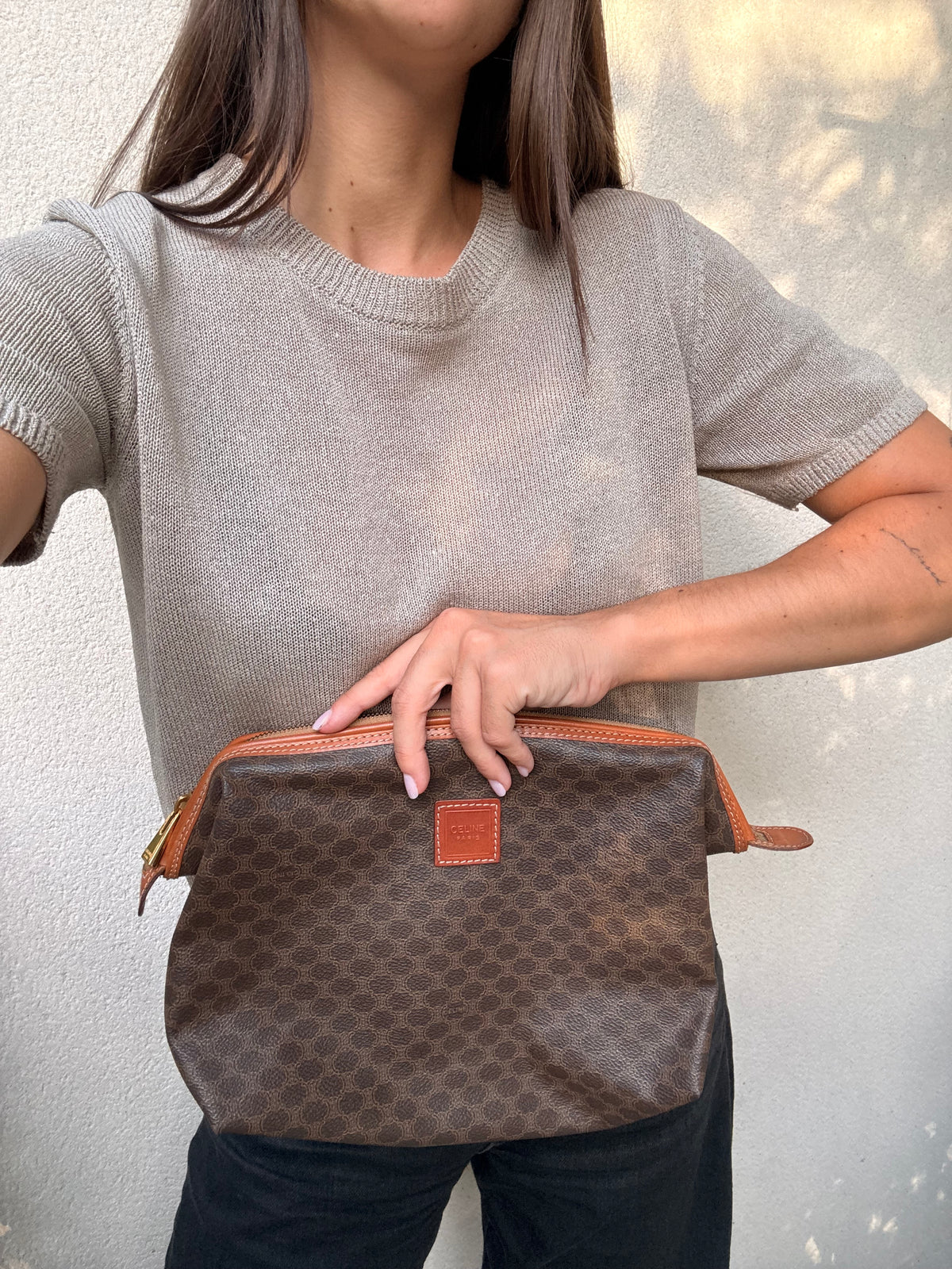 Trousse Céline vintage - Toile triomphe et cuir cognac
