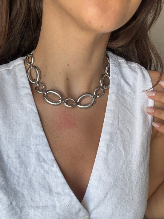Collier vintage chaîne à grands maillons ovales argentés