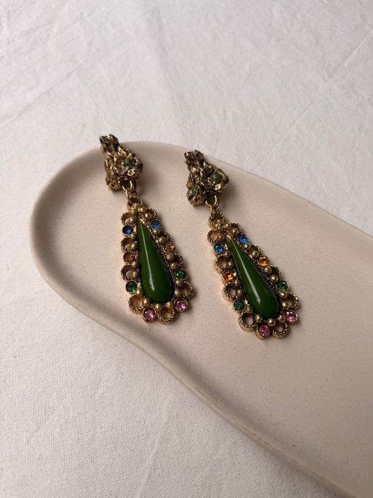 Boucles d’oreilles vintage - Pendantes gouttes vertes et cristaux multicolores