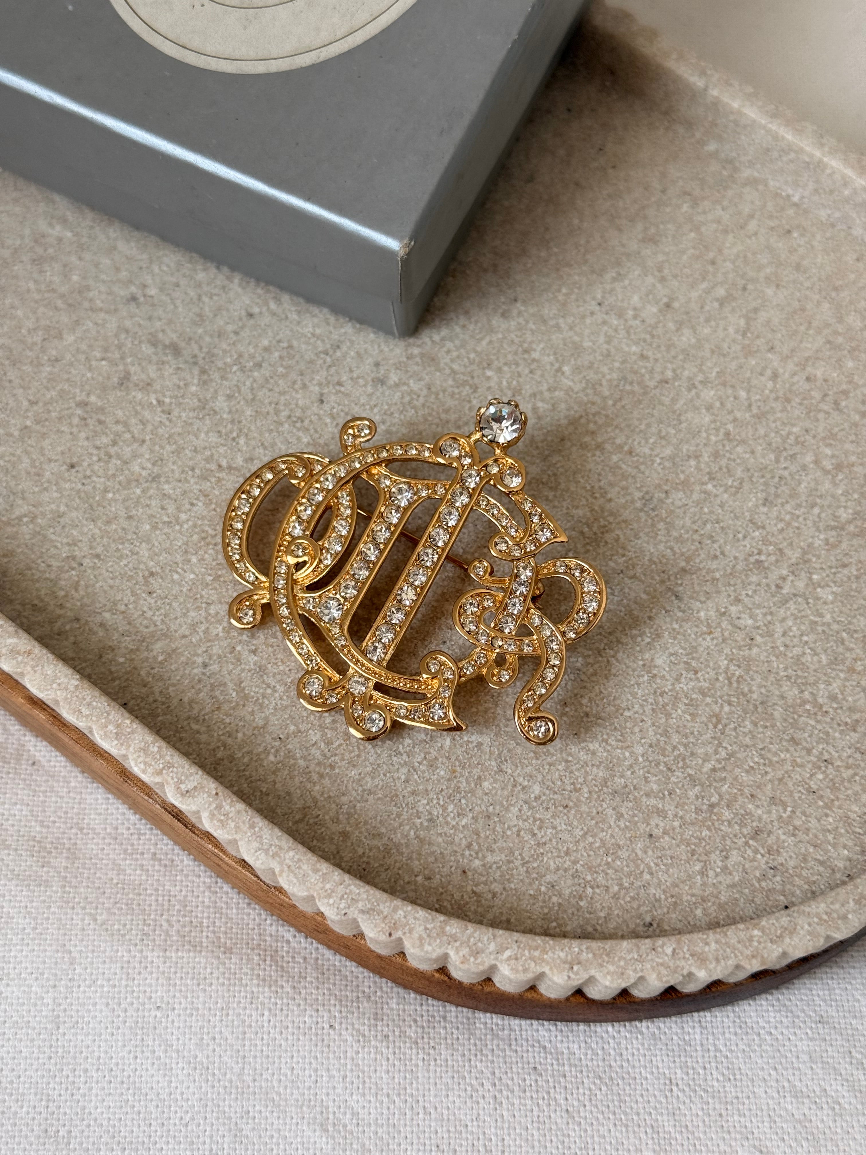 Broche Christian Dior vintage - Monogramme entrelacé orné de strass