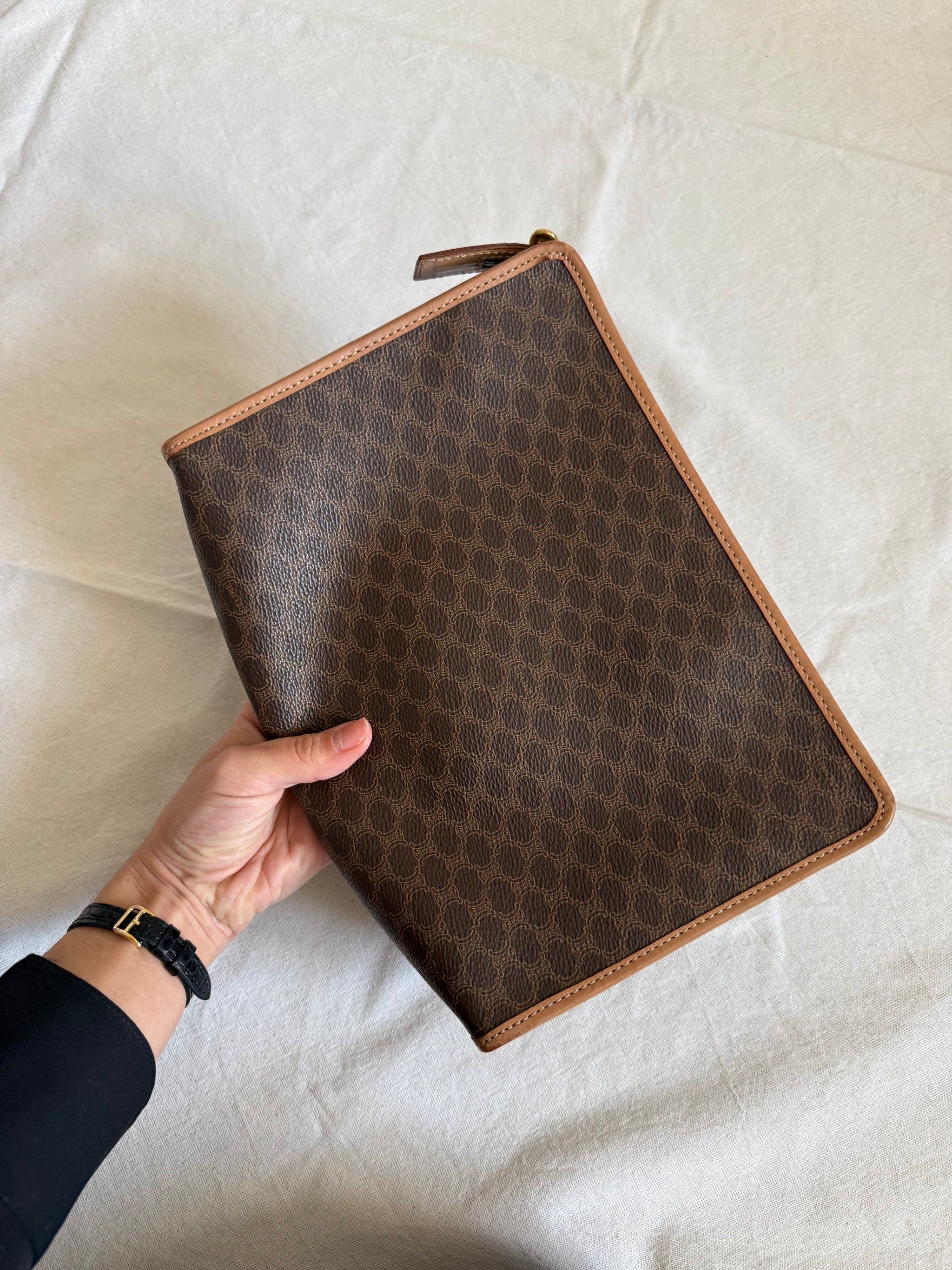 Pochette Céline vintage - Toile triomphe et cuir naturel