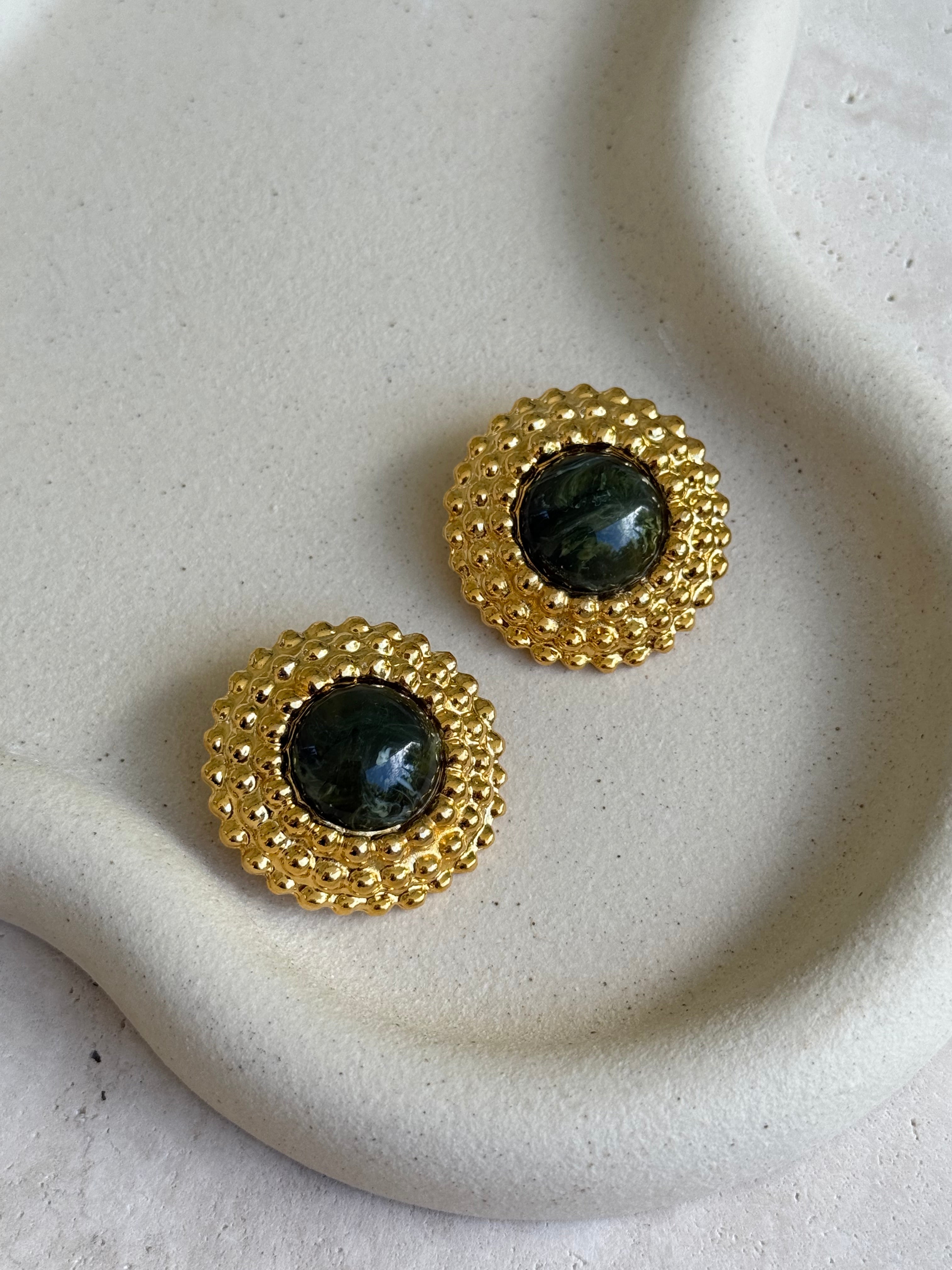 Boucles d’oreilles vintage - Rondes dorées et cabochons kaki