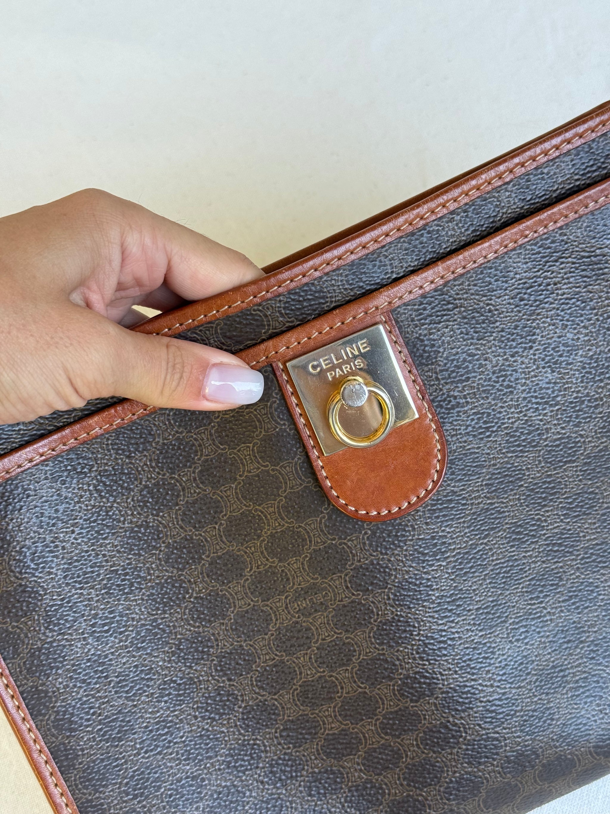 Pochette Céline vintage - Toile triomphe et cuir cognac