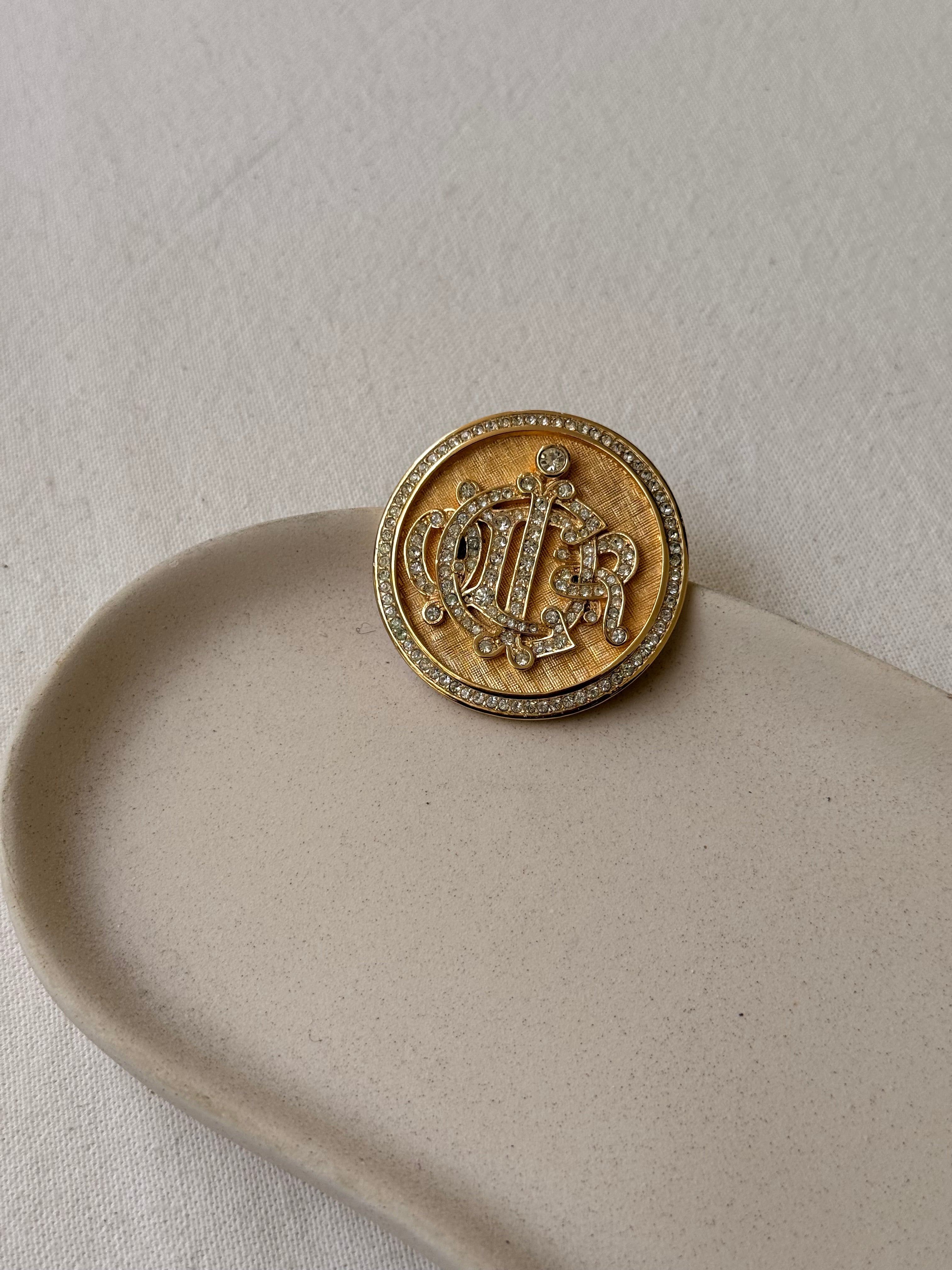 Broche Christian Dior vintage - Logo doré orné de strass