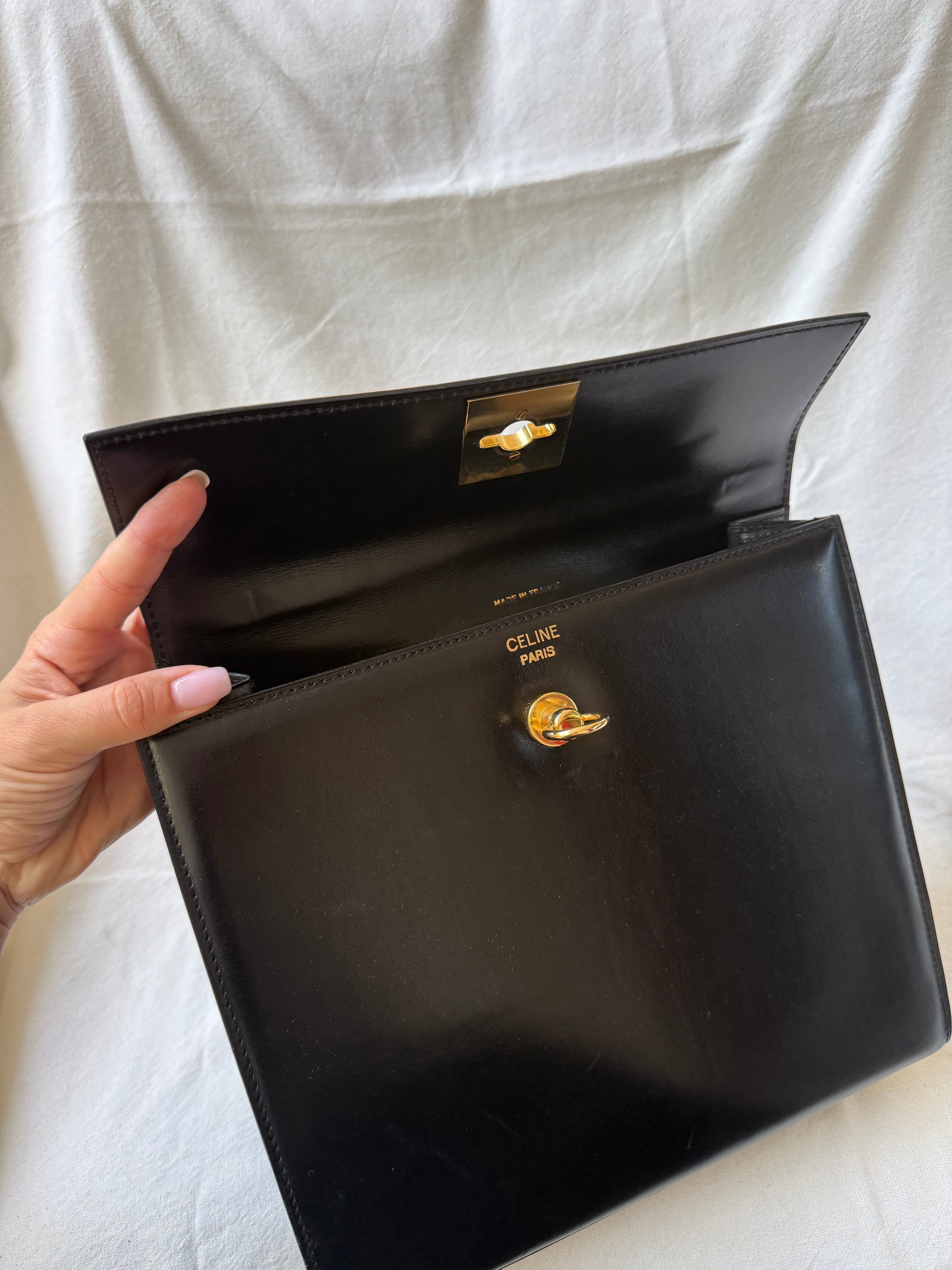 Sac Céline vintage - Top Handle cuir noir et fermoir doré