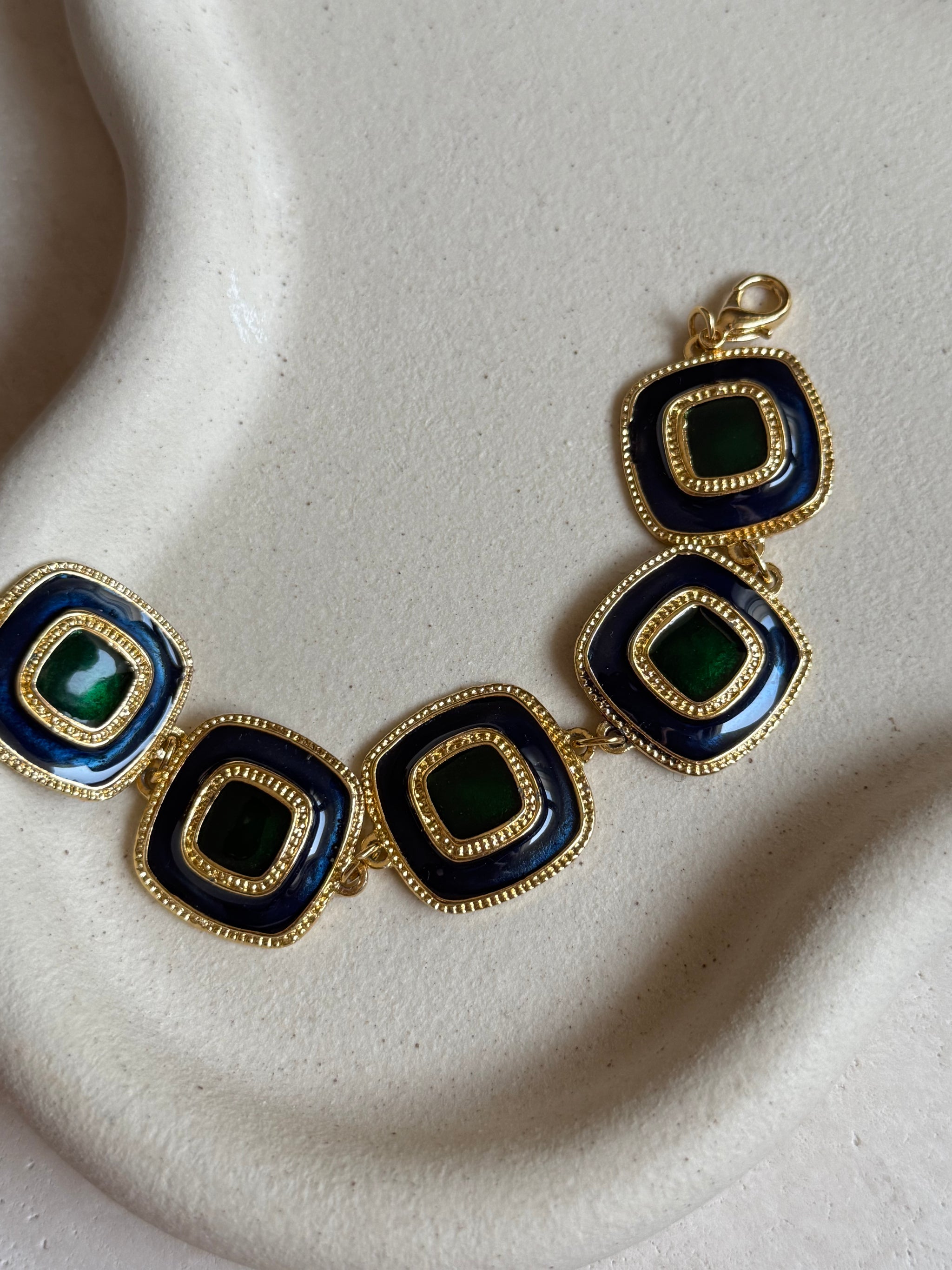 Bracelet vintage émaillé bleu nuit et vert émeraude