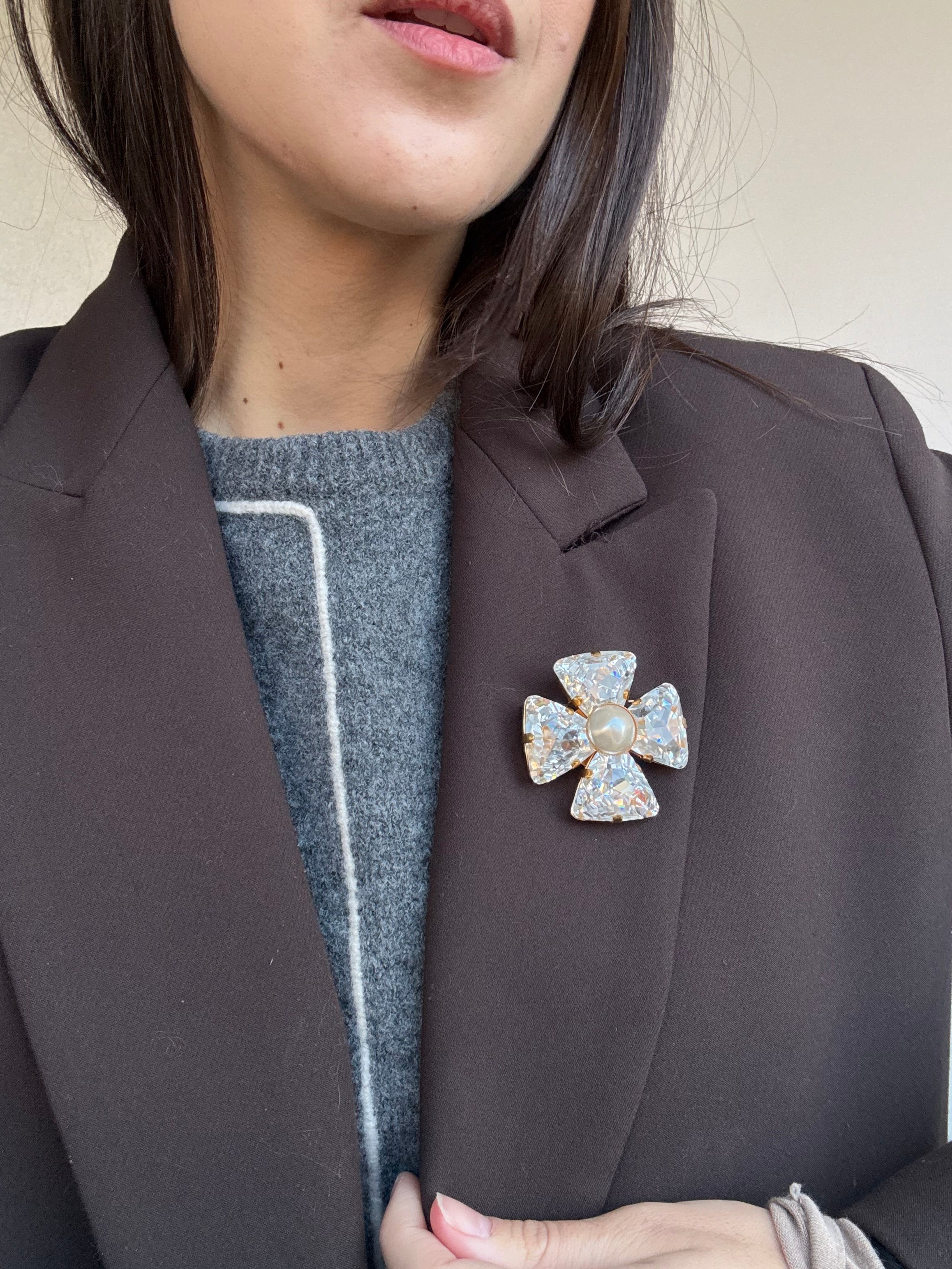 Broche Philippe Ferrandis vintage - Croix cristaux et perles