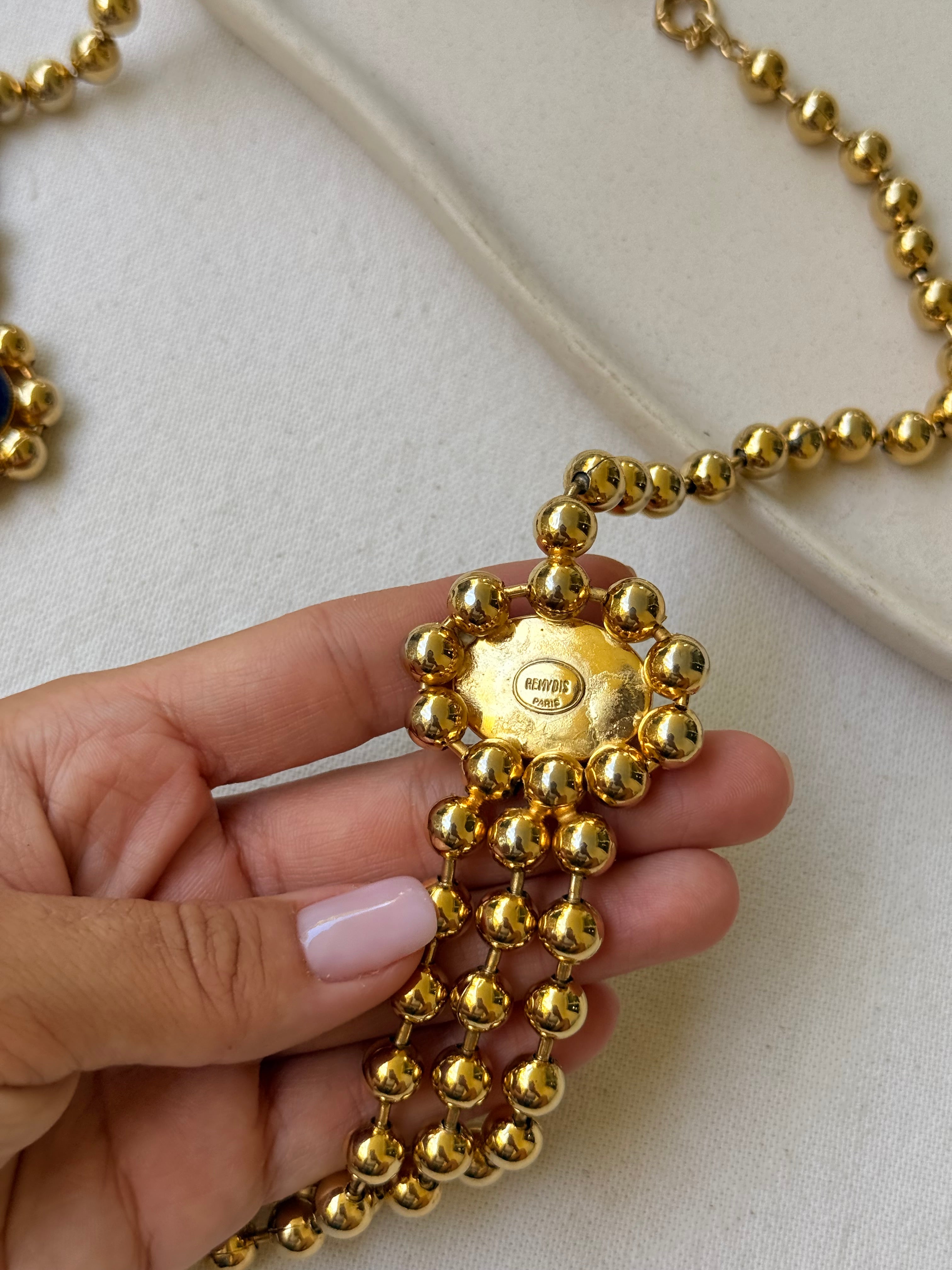 Collier Remydis vintage - Perles dorées et cabochons bleu profond