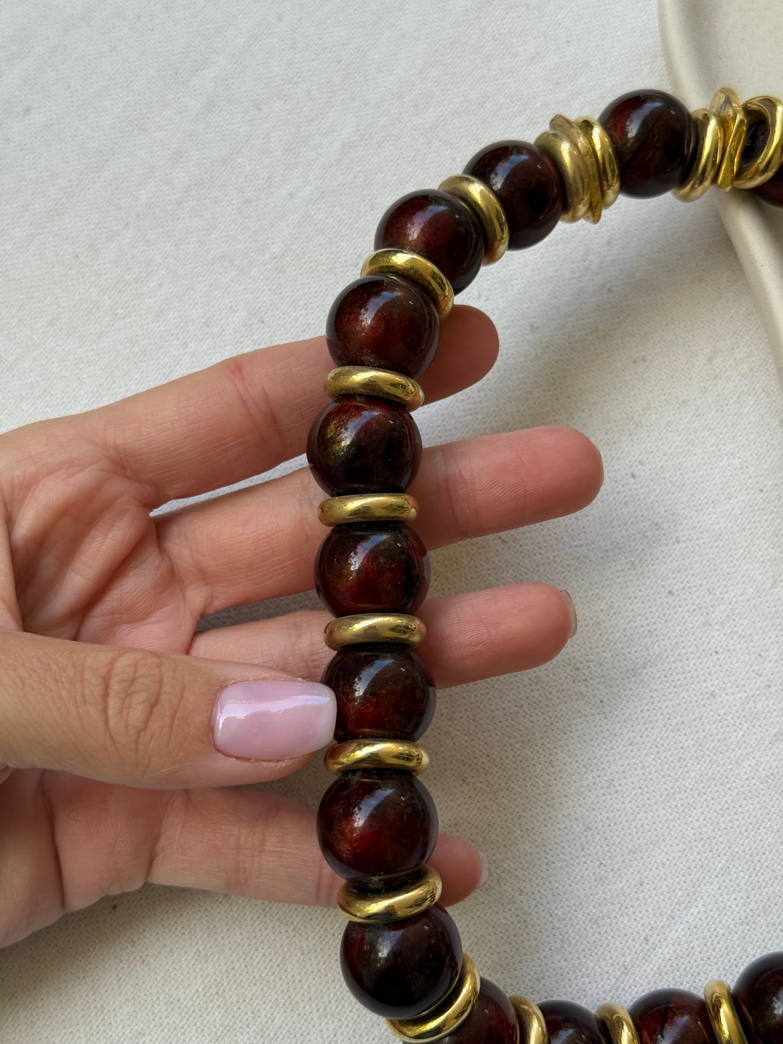Collier doré vintage - Perles bois et détails dorés