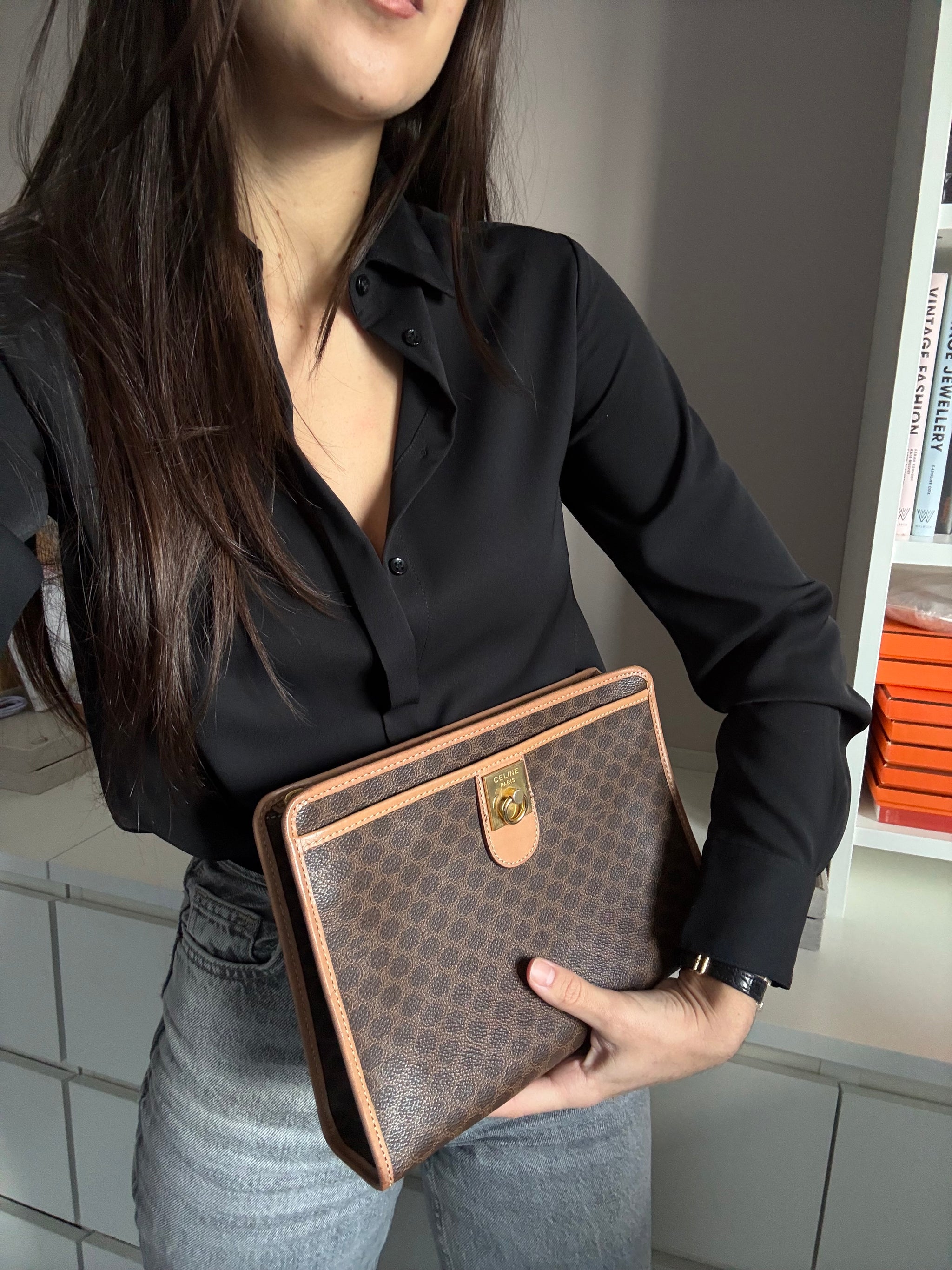 Pochette Céline vintage - Toile triomphe et cuir naturel